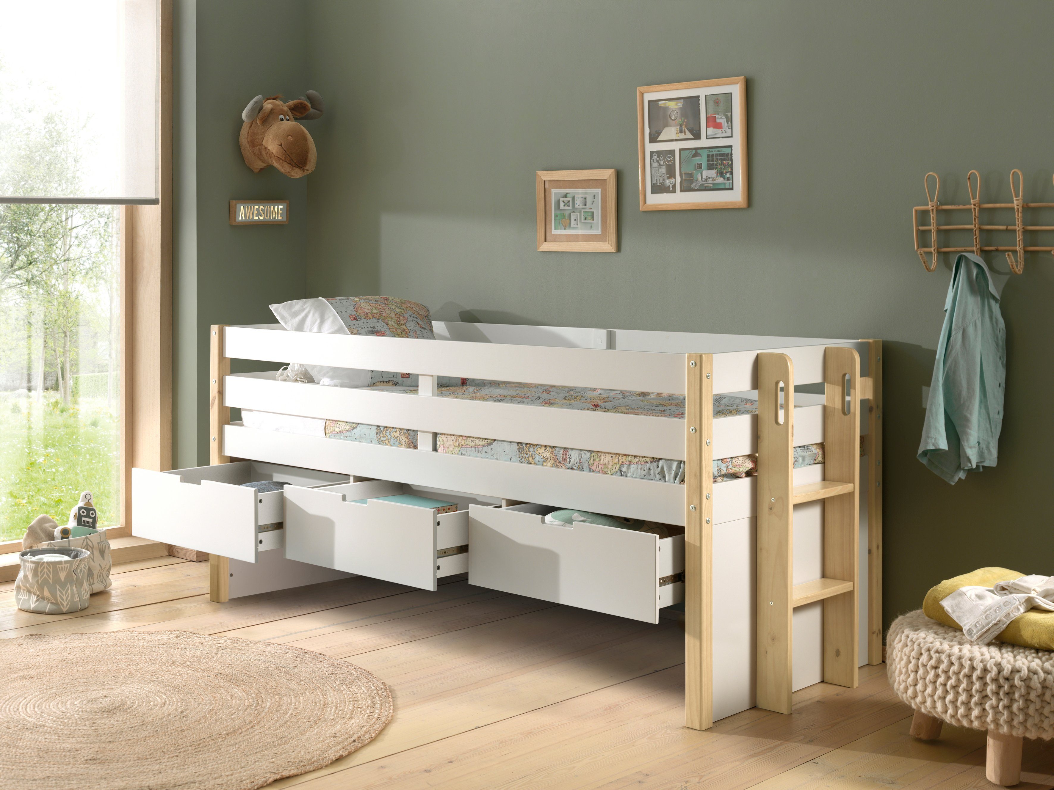Vipack Hoogslaper Valbeveiliging, ligoppervlak 90x200 cm, lattenrol, uitvoering wit/naturel