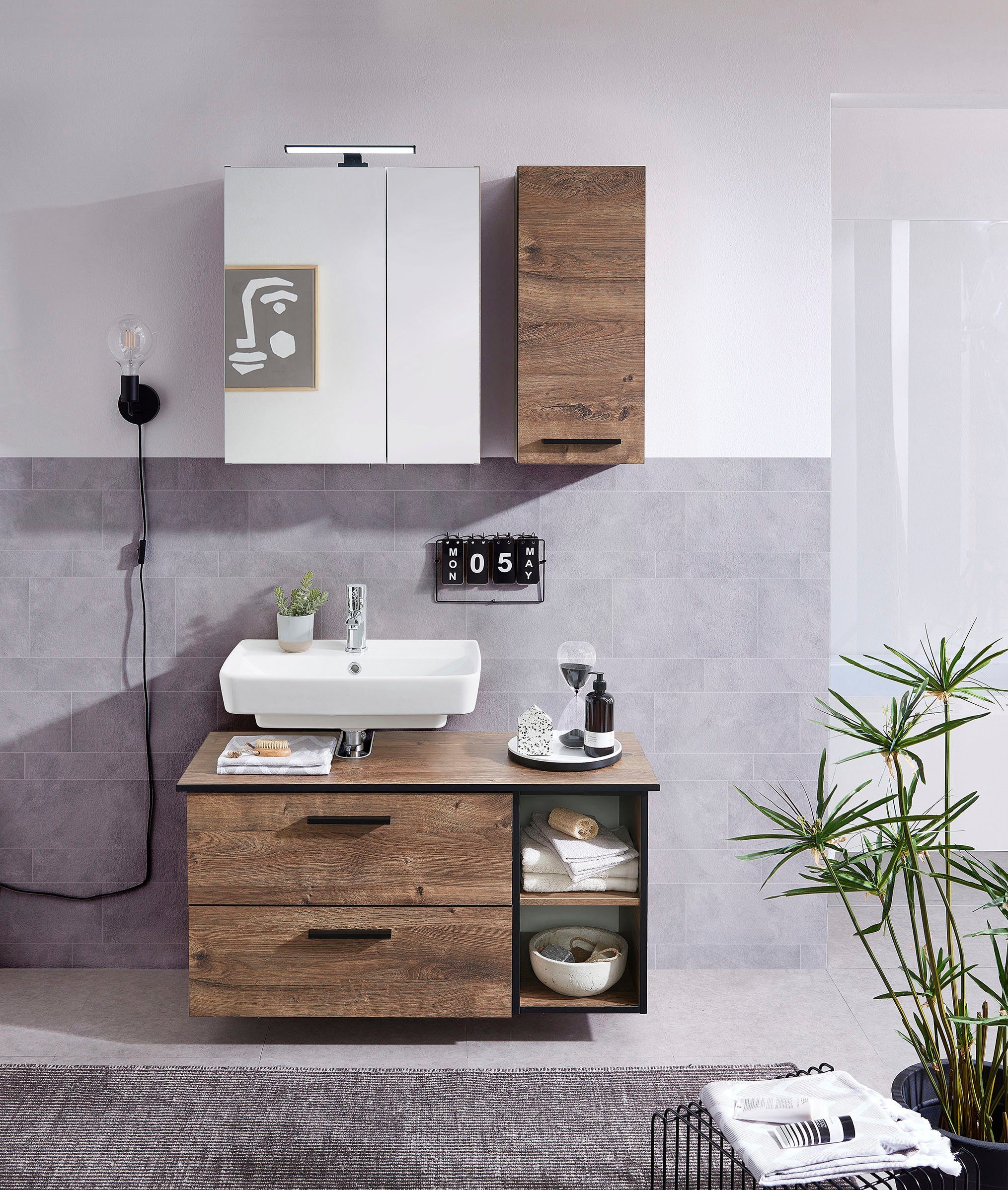 Saphir Badkamerserie Quickset 374 3-delig, wastafelonderkast met LED-spiegelkast 103 cm breed, 4 deuren, 2 laden, 2 open vakken, incl. deurdempers (5-delig)