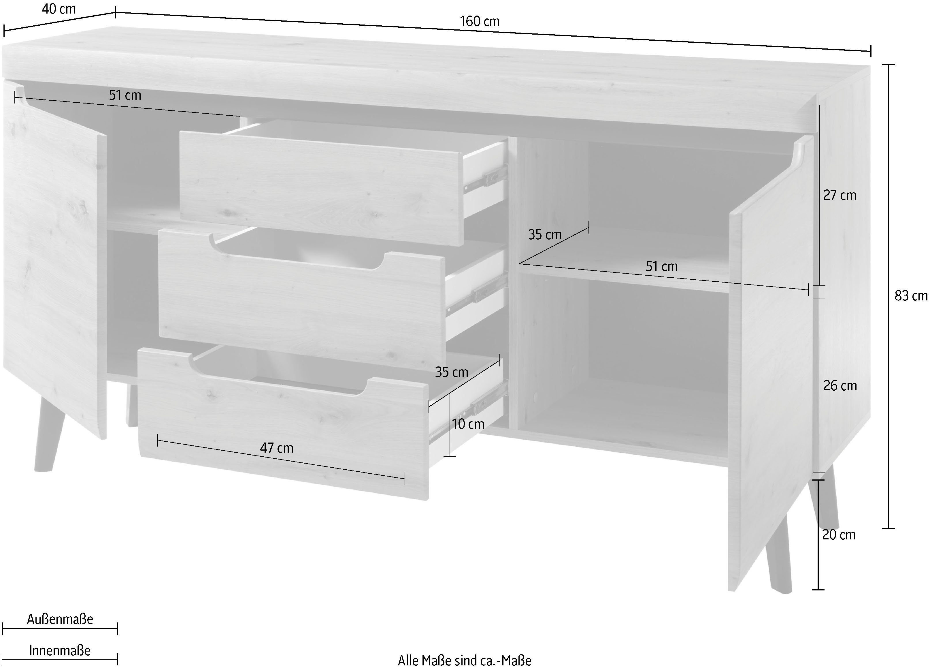 INOSIGN Dressoir Torge, dressoir, commode, ladekast afgeschuinde poten, drie kleuren, scandi design, 160 cm breed (1 stuk)