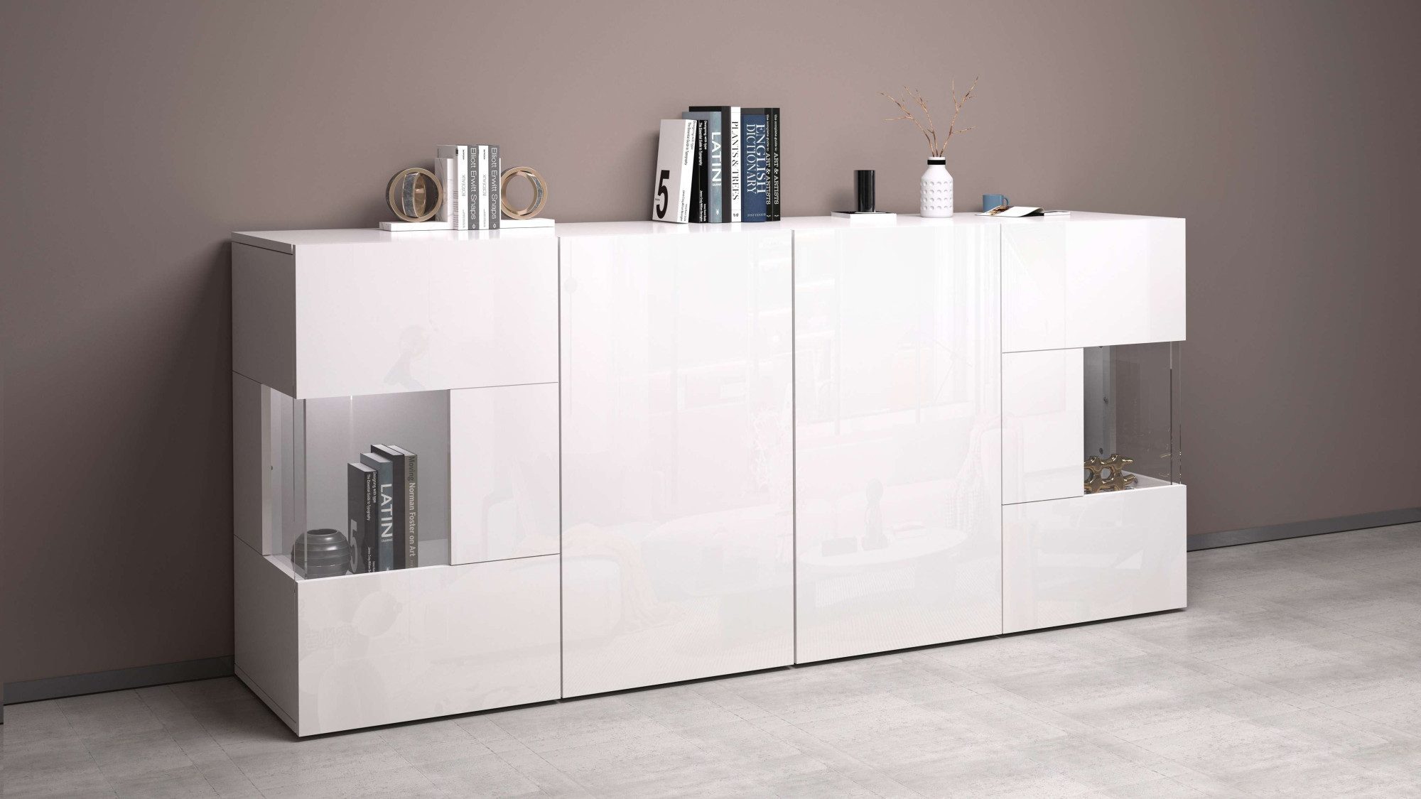 INOSIGN Dressoir Egypte, Ladekast, Kast, Buffet, Vitrine greeploos 4 deuren waarvan 2 met glas inzet, compleet hoogglans gelakt, breedte 180