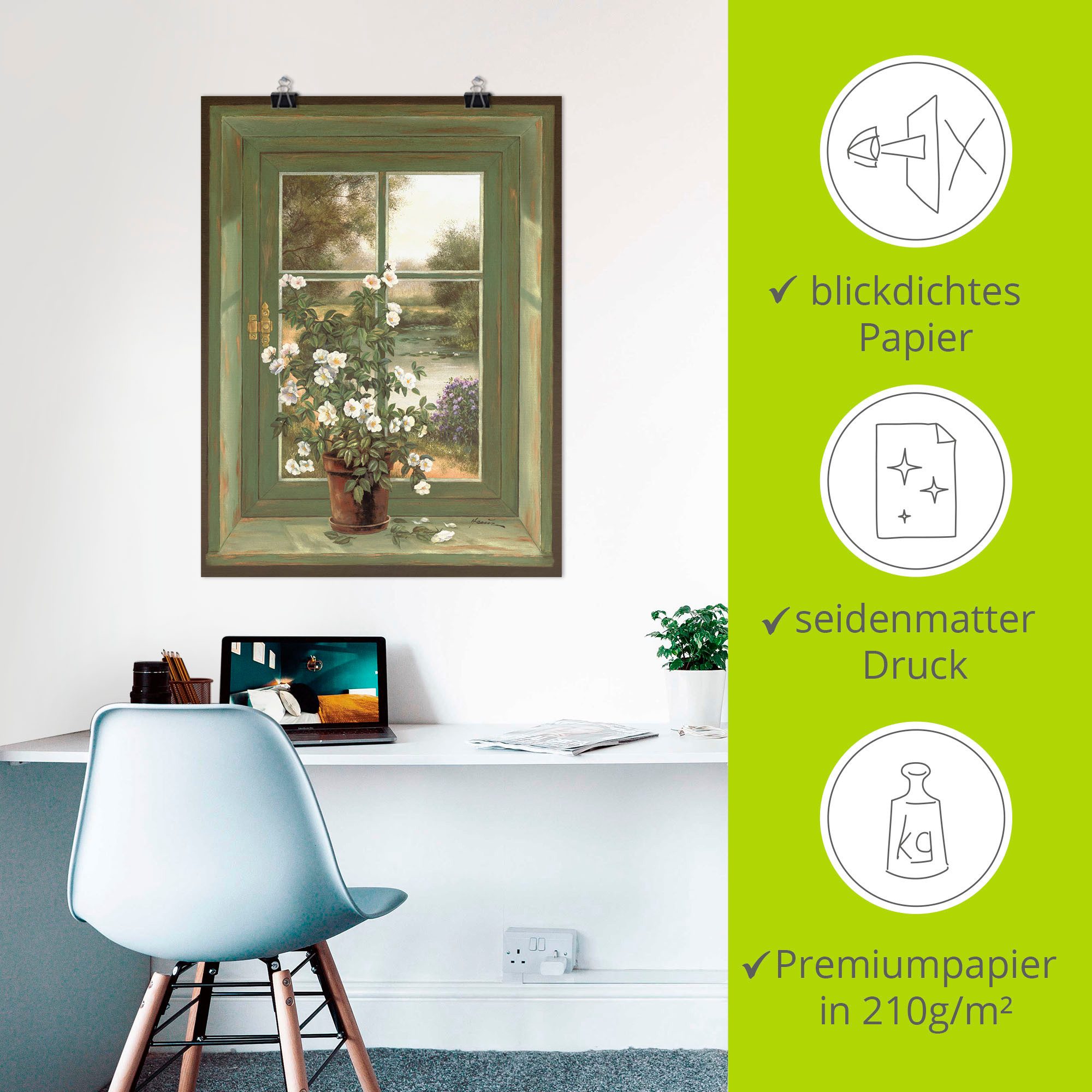 Artland Artprint Wilde rozen bij het raam als artprint van aluminium, artprint voor buiten, artprint op linnen, poster, muursticker