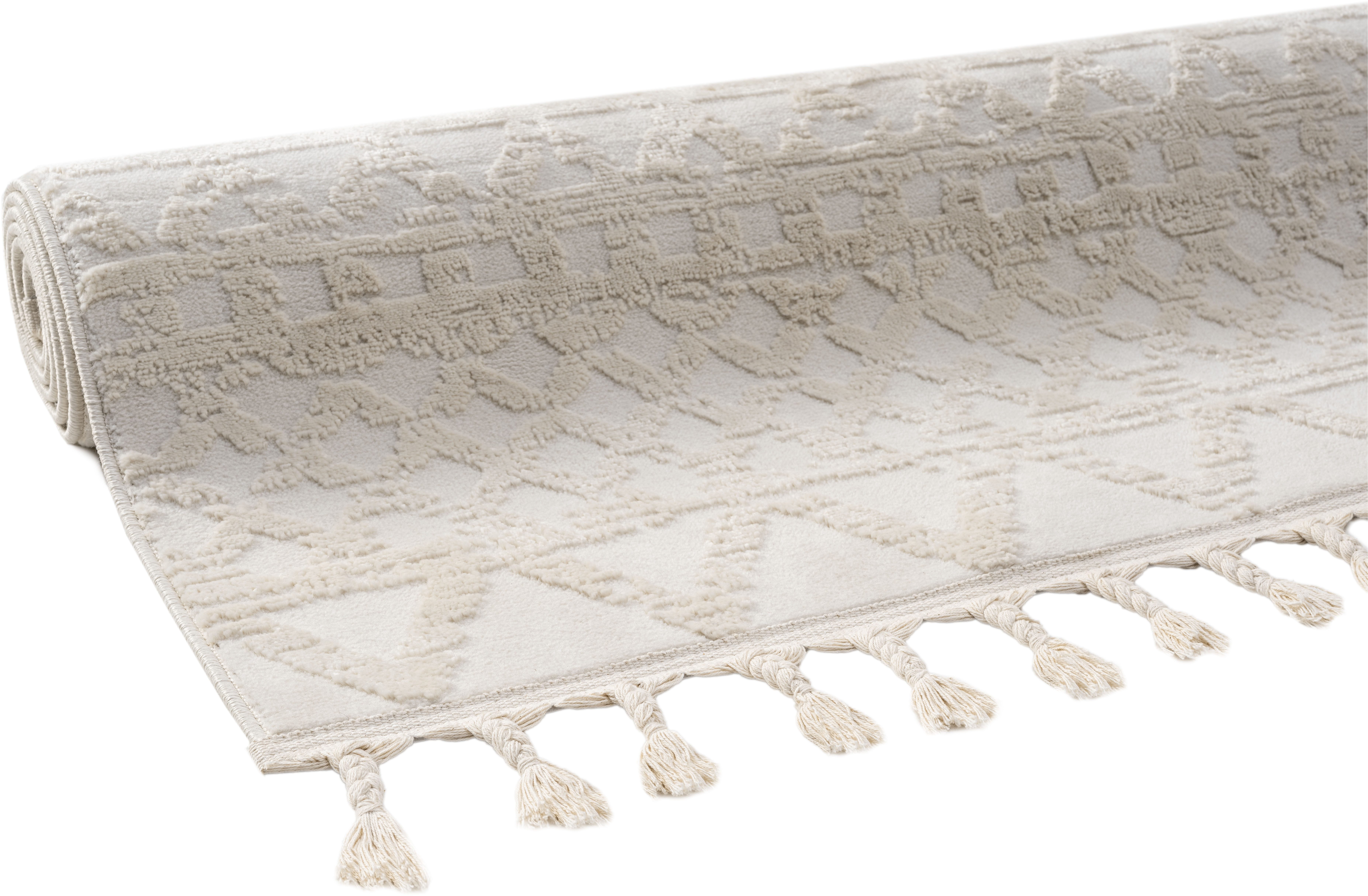 my home Vloerkleed Ribeyret met franjes, hoog-laag structuur, wol-look, boho-stijl, woonkamer