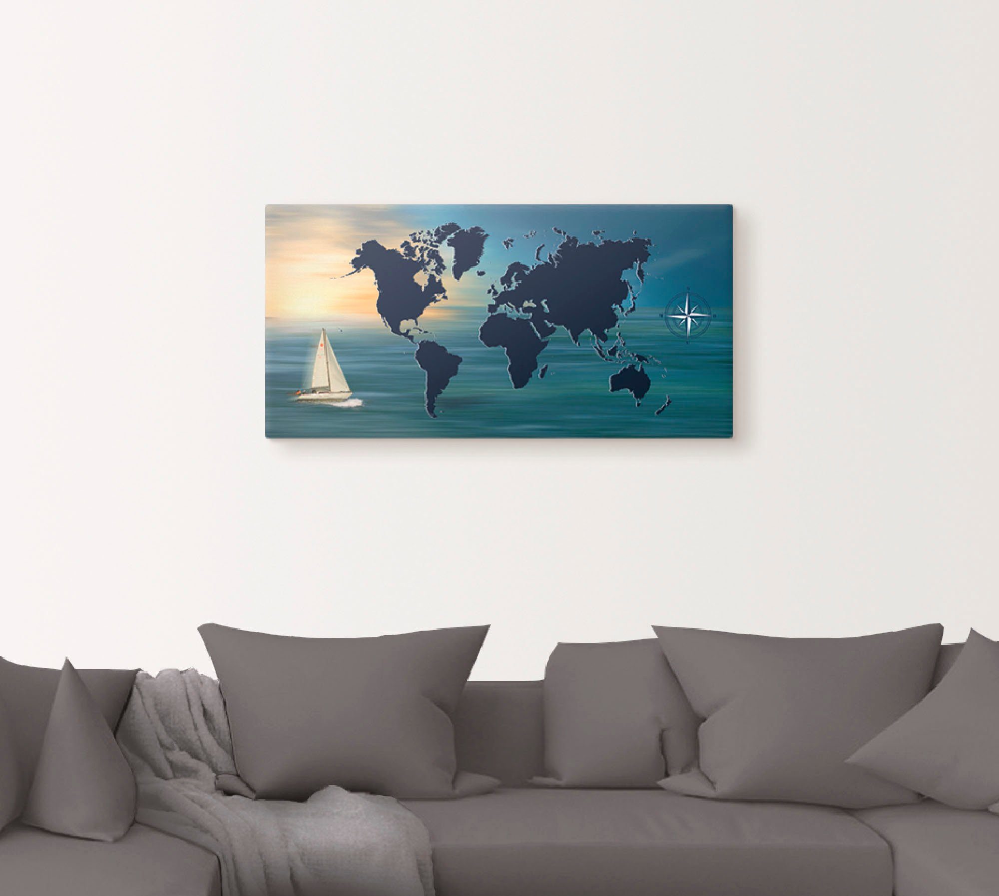 Artland Artprint Reis om de wereld met wereldkaart als artprint op linnen, poster in verschillende formaten maten