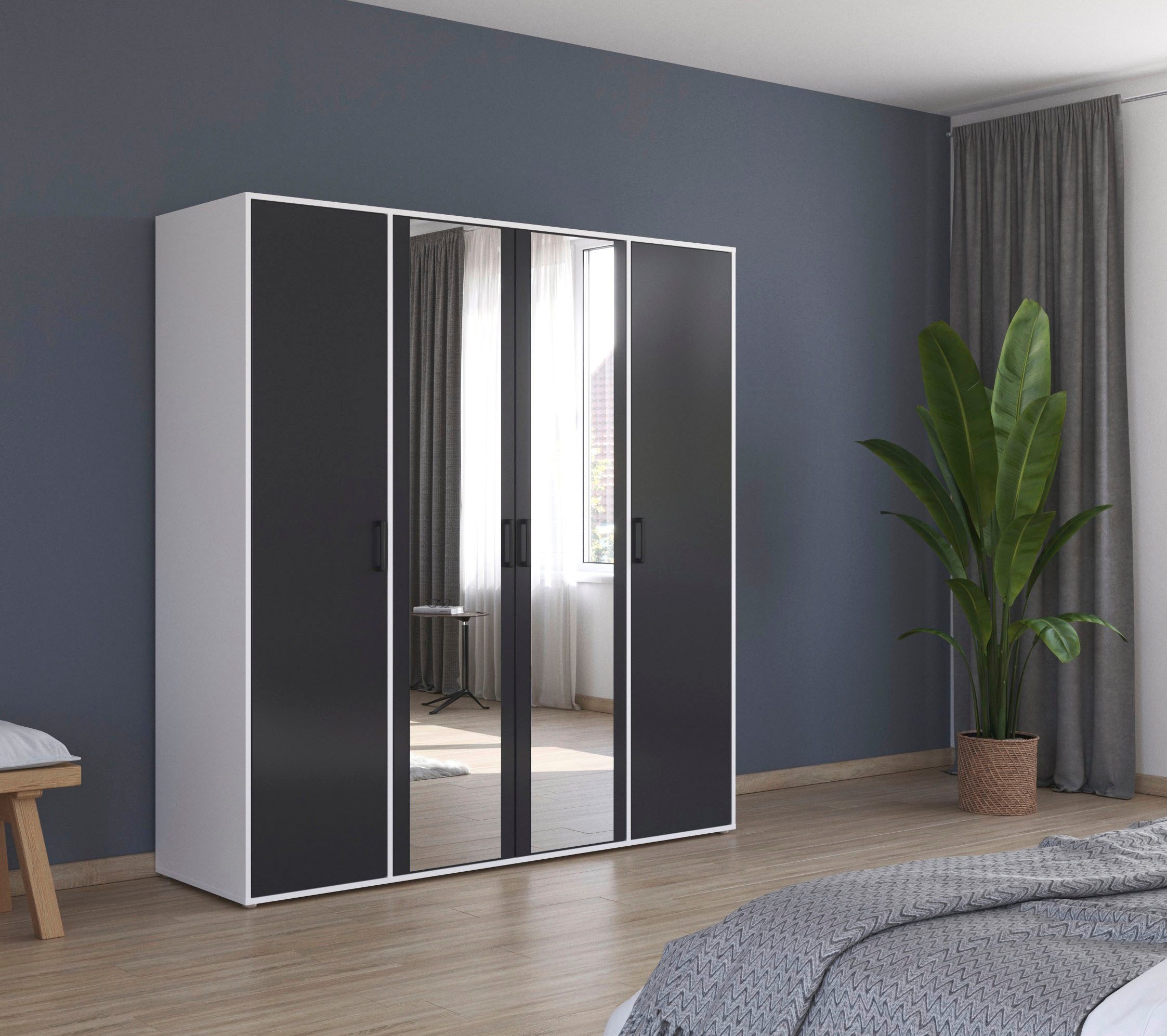 rauch Draaideurkast Voyager met moderne grepen in grijs-metallic en spiegel