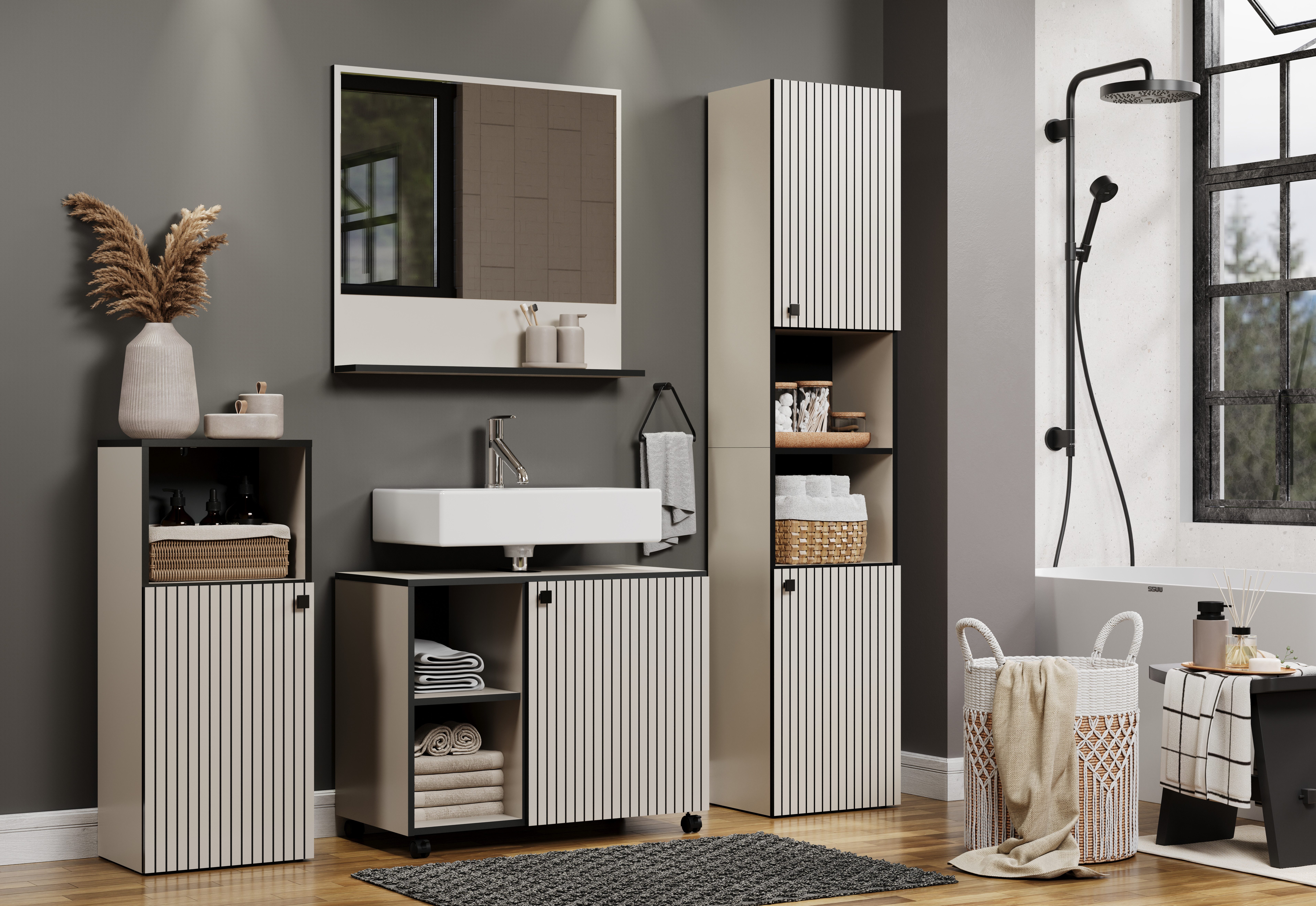 welltime Wastafelonderkast Amrum BxHxD 80 x 64 x 42 cm wastafelonderkast eiken rillen-look (1 stuk)