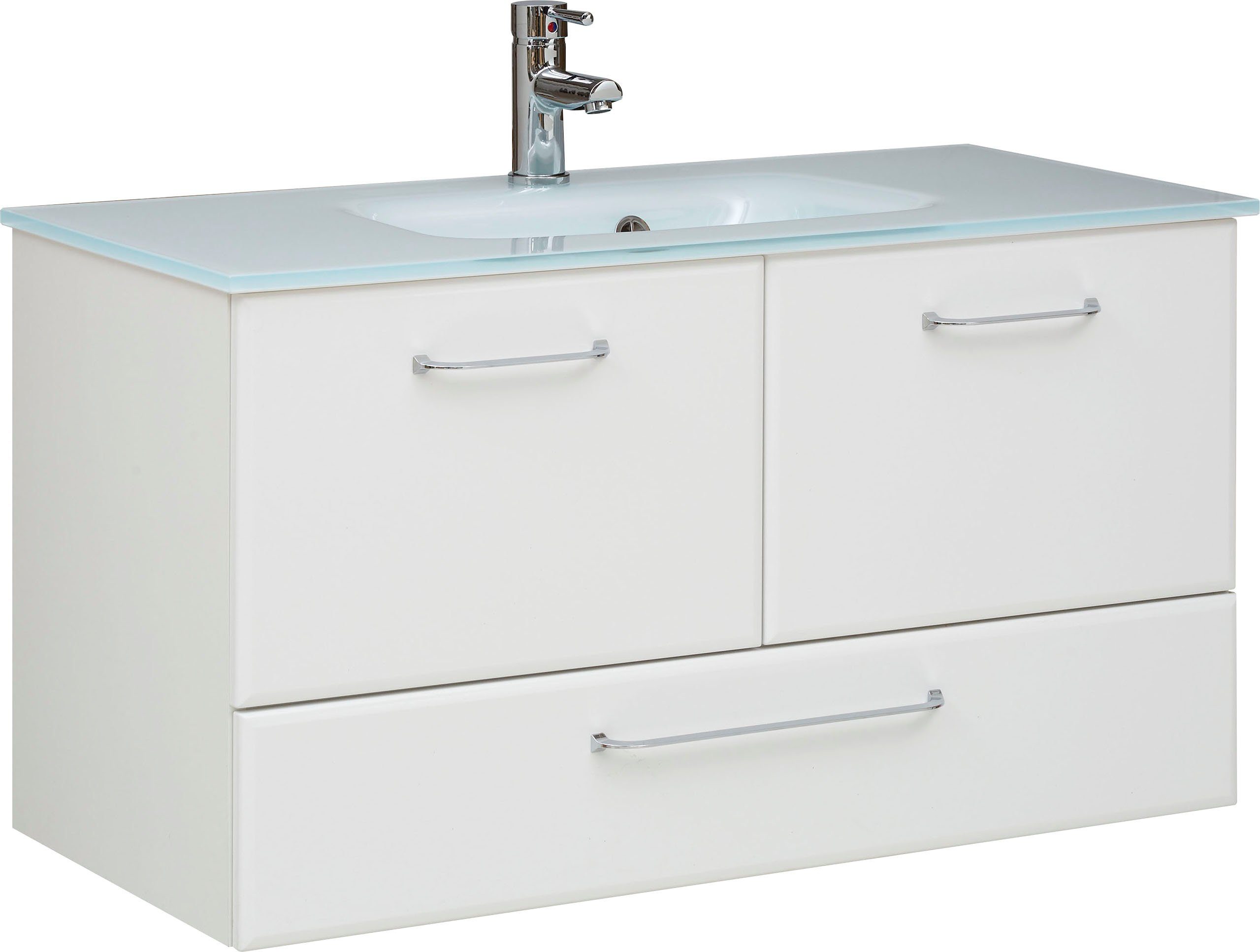 Saphir Wastafelonderkast Quickset glazen wastafel met onderkast, 99 cm breed, wastafel Grepen in glanzend chroom, inclusief deurdemper, 2 deuren, 1