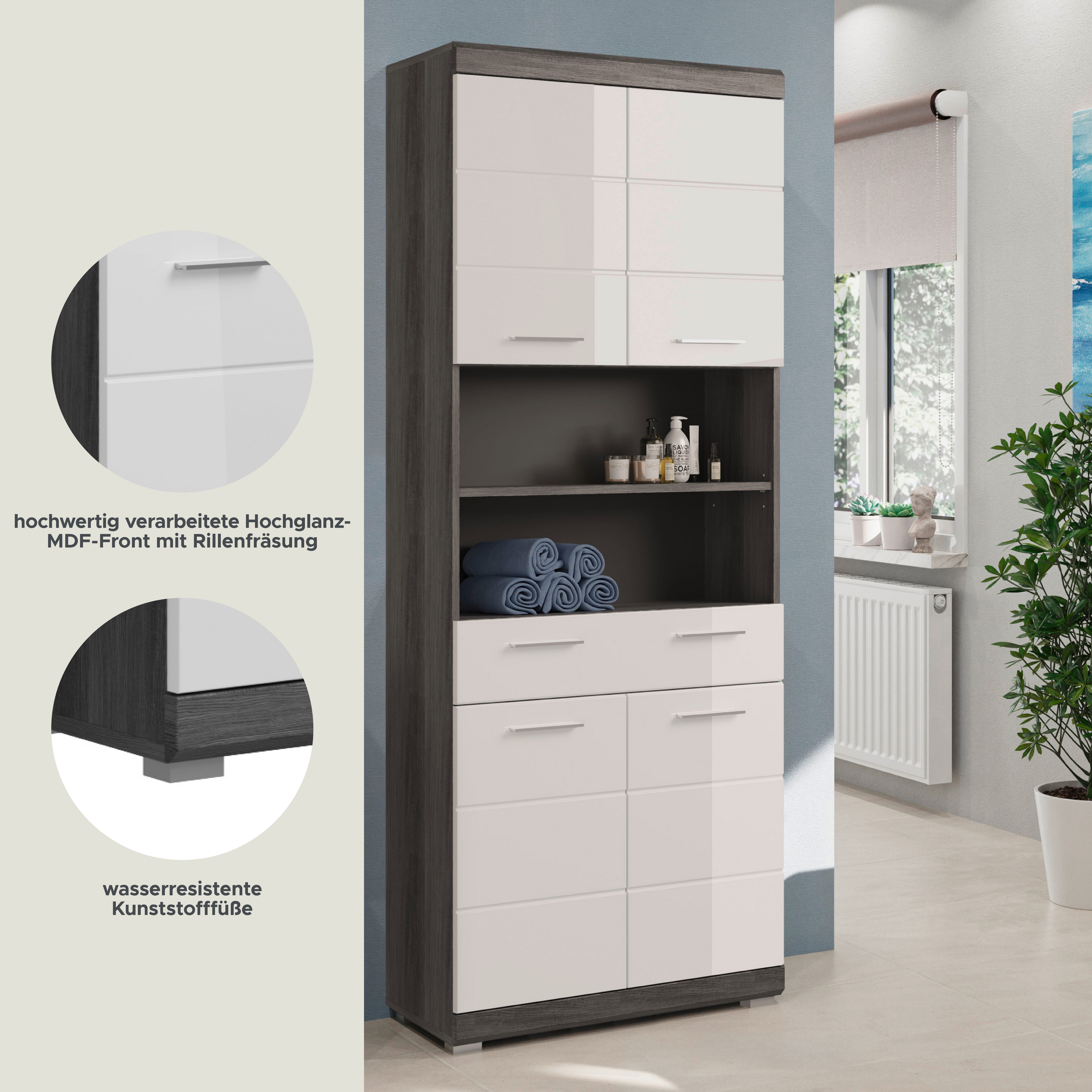 INOSIGN Hoge kast Siena, breedte 74 cm, 4 deuren, 1 lade, 2 open vakken, MDF-front in verschillende kleuren verkrijgbaar, badkamermeubels, badkamerkast, kast, badkamer