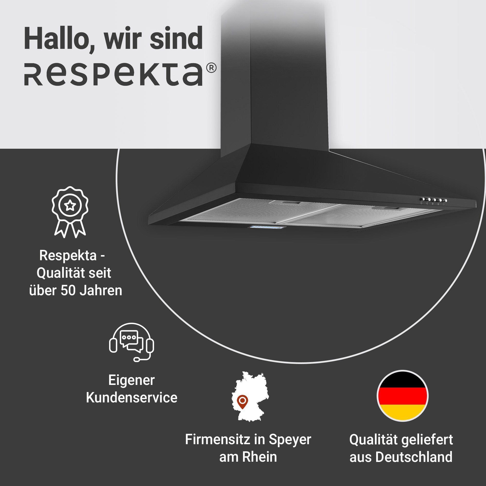 RESPEKTA Schouwkap CH 22055 SA 60 cm, 3 vermogensniveaus, led-verlichting, geschikt voor afzuiging en recirculatie
