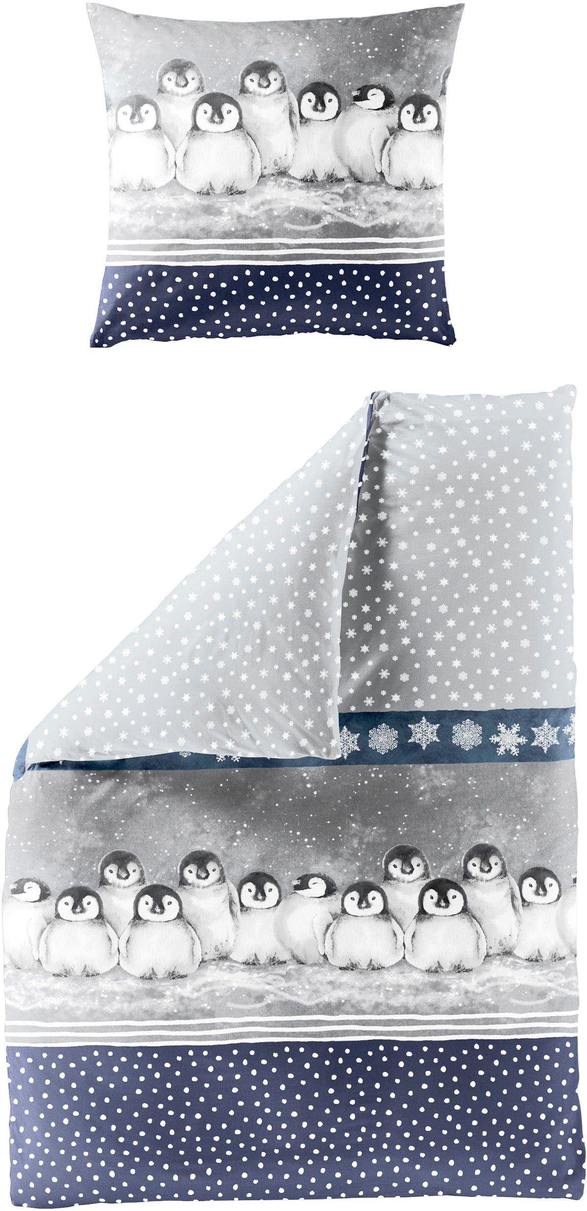 BIERBAUM Beddengoed 3736 Biber, 100% katoen, onderhoudsvriendelijk, heerlijk warm, met pinguïns (2-delig) dekbedovertrekken blauw