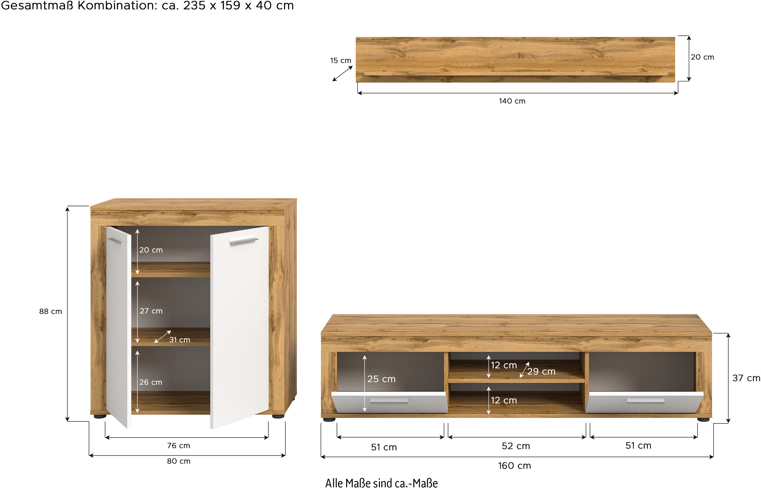 INOSIGN Wandmeubel Aosta, Breedte 255cm, bestaand uit Highboard, Lowboard, Wandplank Woonwand, combinatie, opbouwwand, meubelset, kastwand, meubelcombi (3-delig)