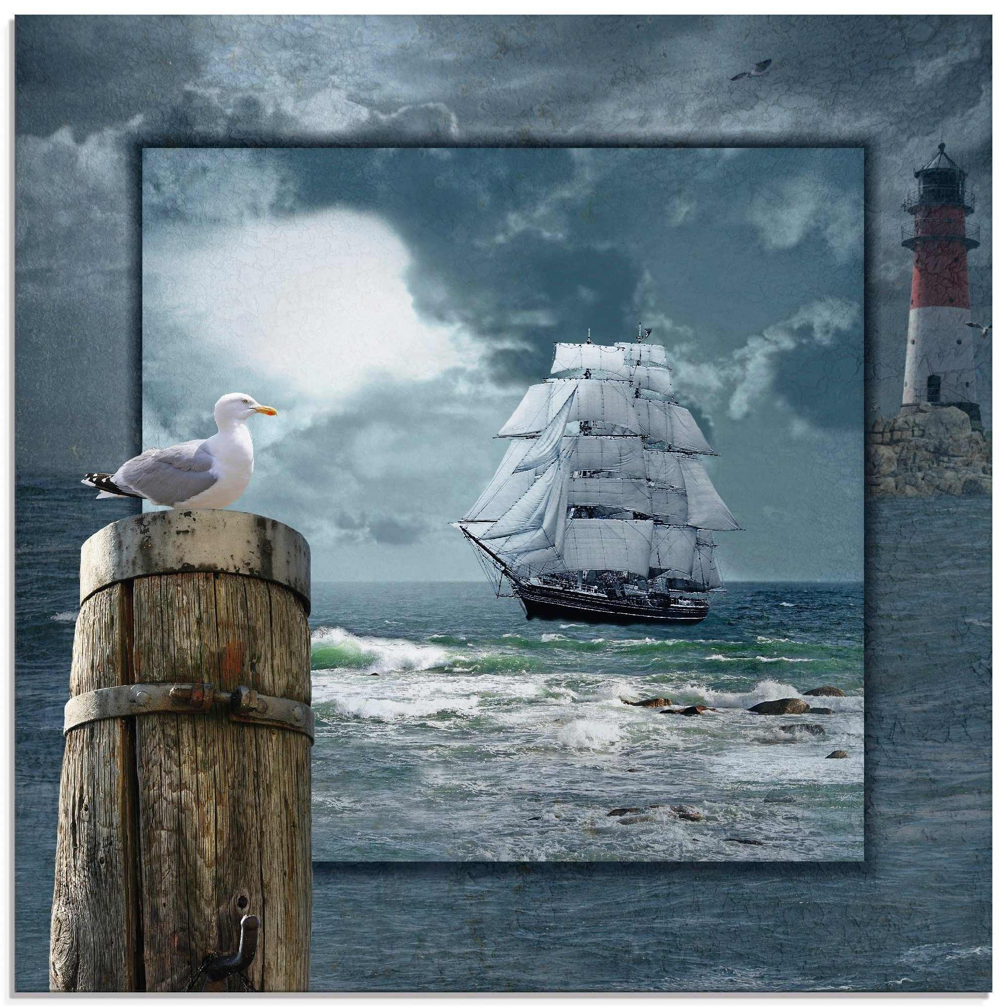Artland Print op glas Maritieme collage met zeilschip (1 stuk)