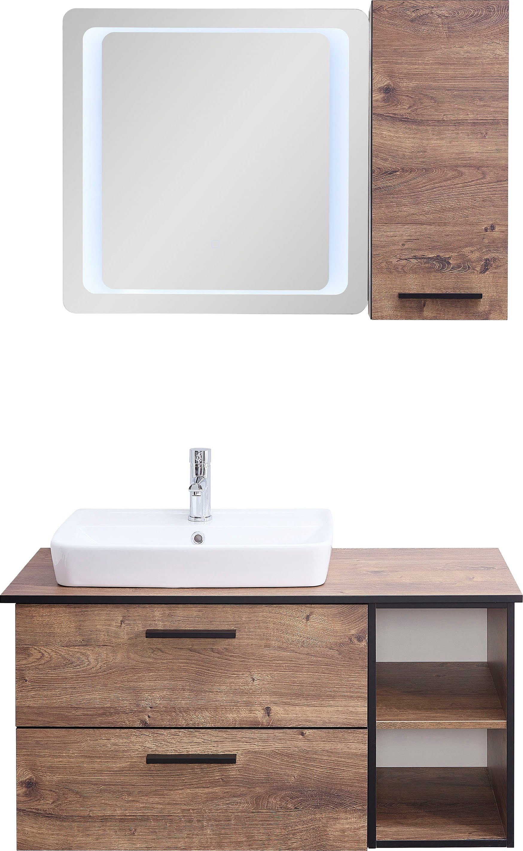 Saphir Badkamerserie Quickset 374 3-delig, keramische opzetwasbak met LED-spiegel 103 cm breed, 1 deur, 2 laden, 2 open vakken, incl. deurdempers (6-delig)