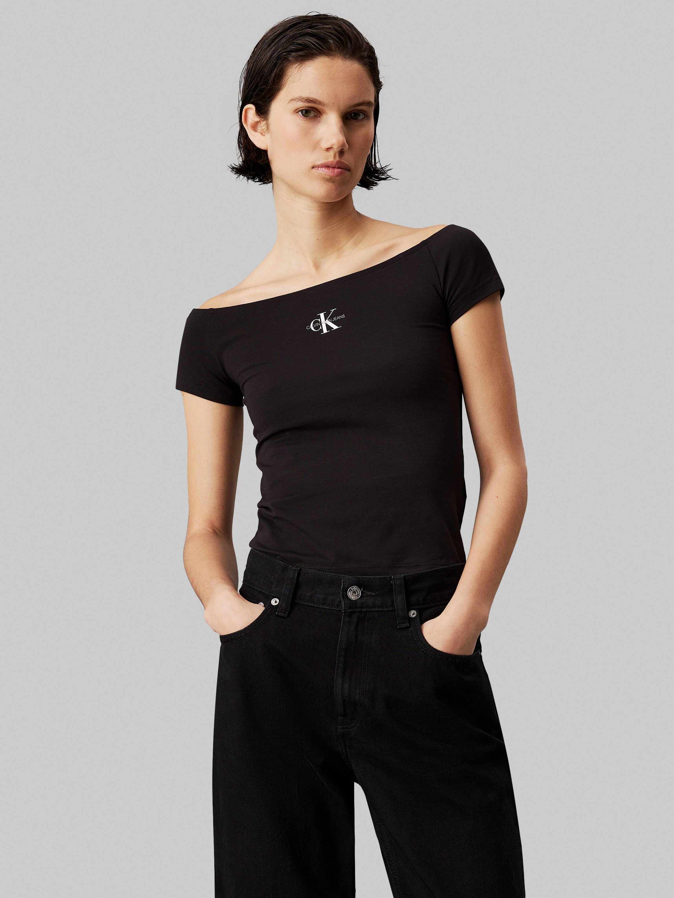 Calvin Klein shirttop MONOGRAM SLIM BARDOT TOP met calvin klein jeans logo-opschrift