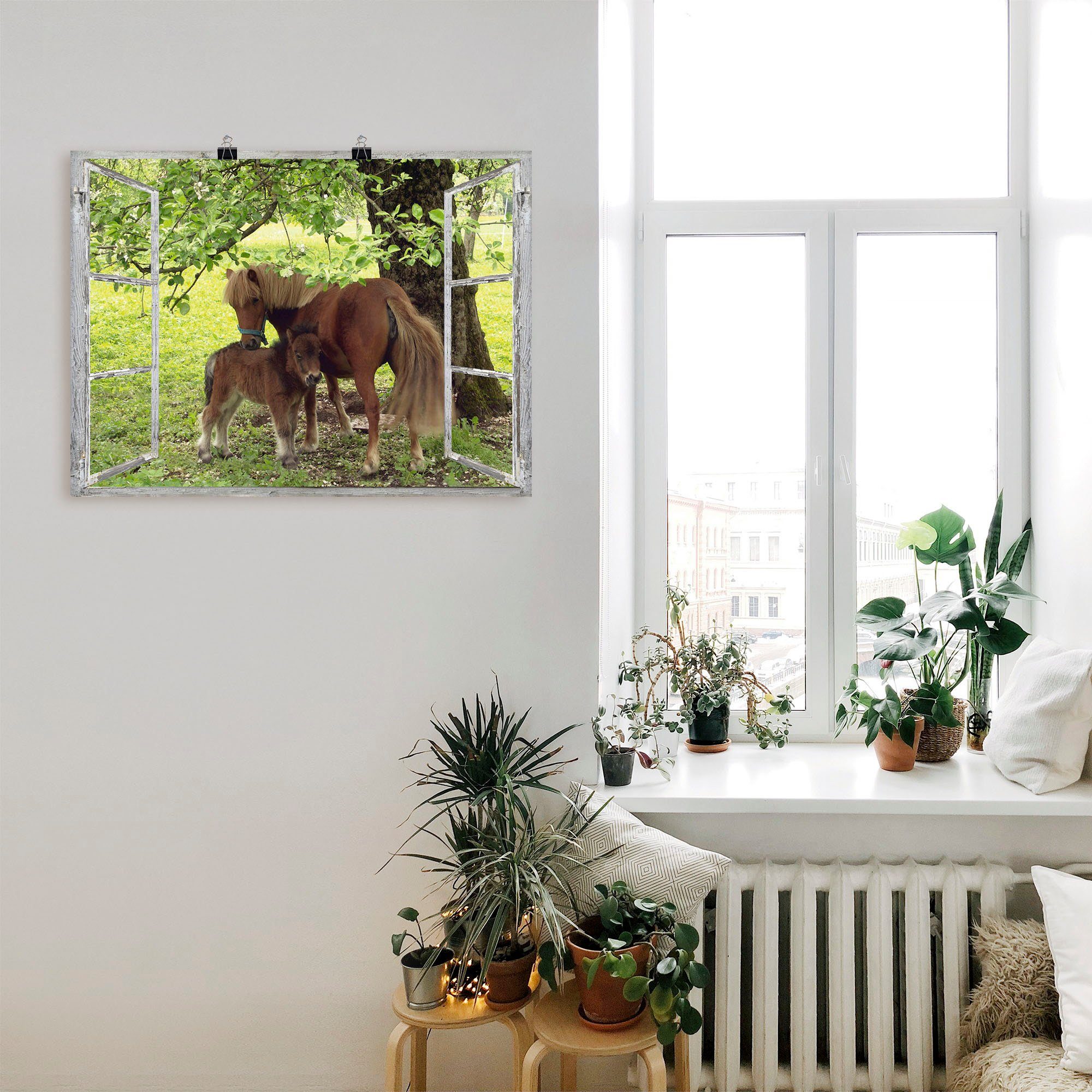Artland Artprint Blik uit het venster - pony met kind als artprint op linnen, poster, muursticker in verschillende maten