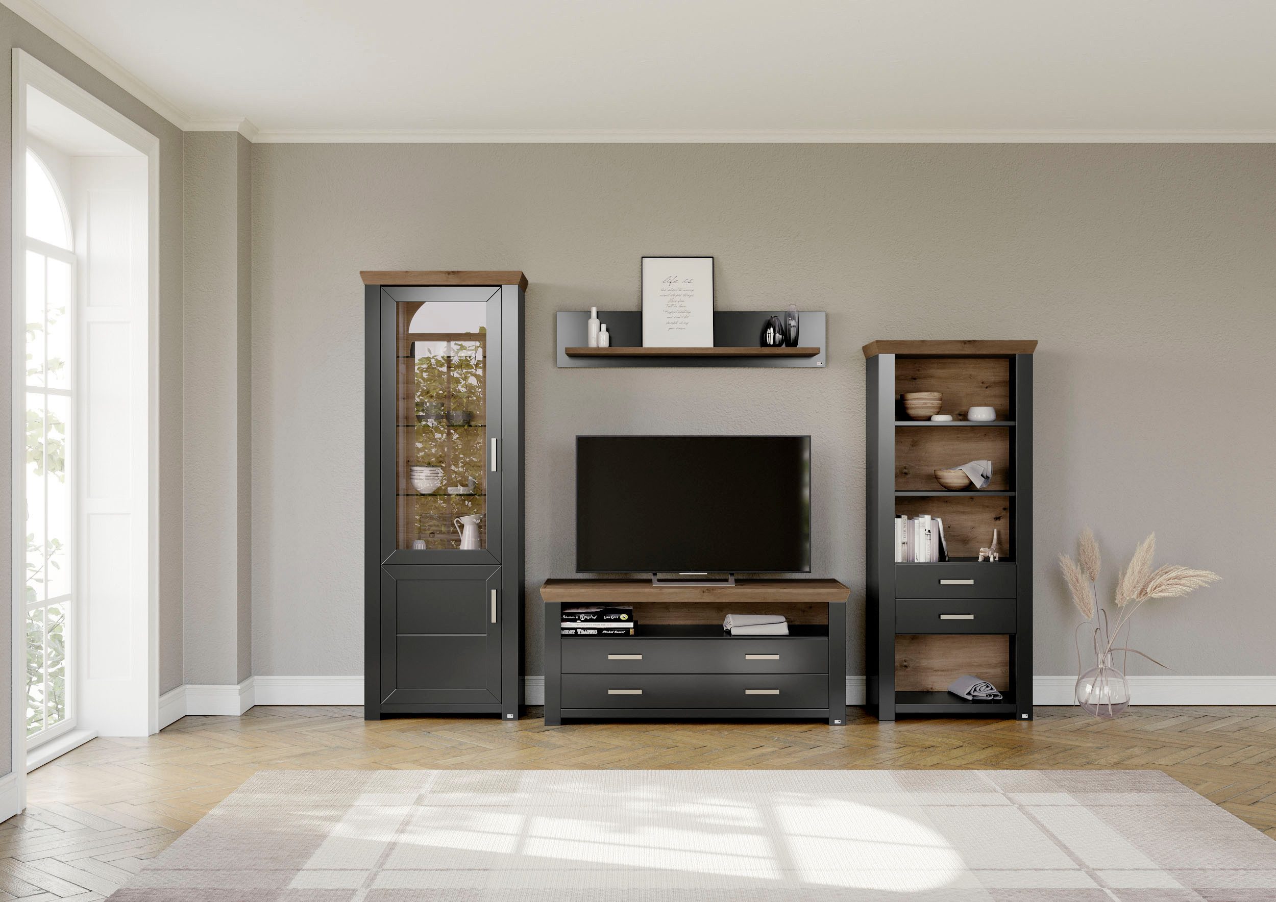 set one by Musterring Wandmeubel York Combinatie 04, in 3 kleurvarianten, totale breedte 310 cm (4-delig) tv-wandmeubels grijs