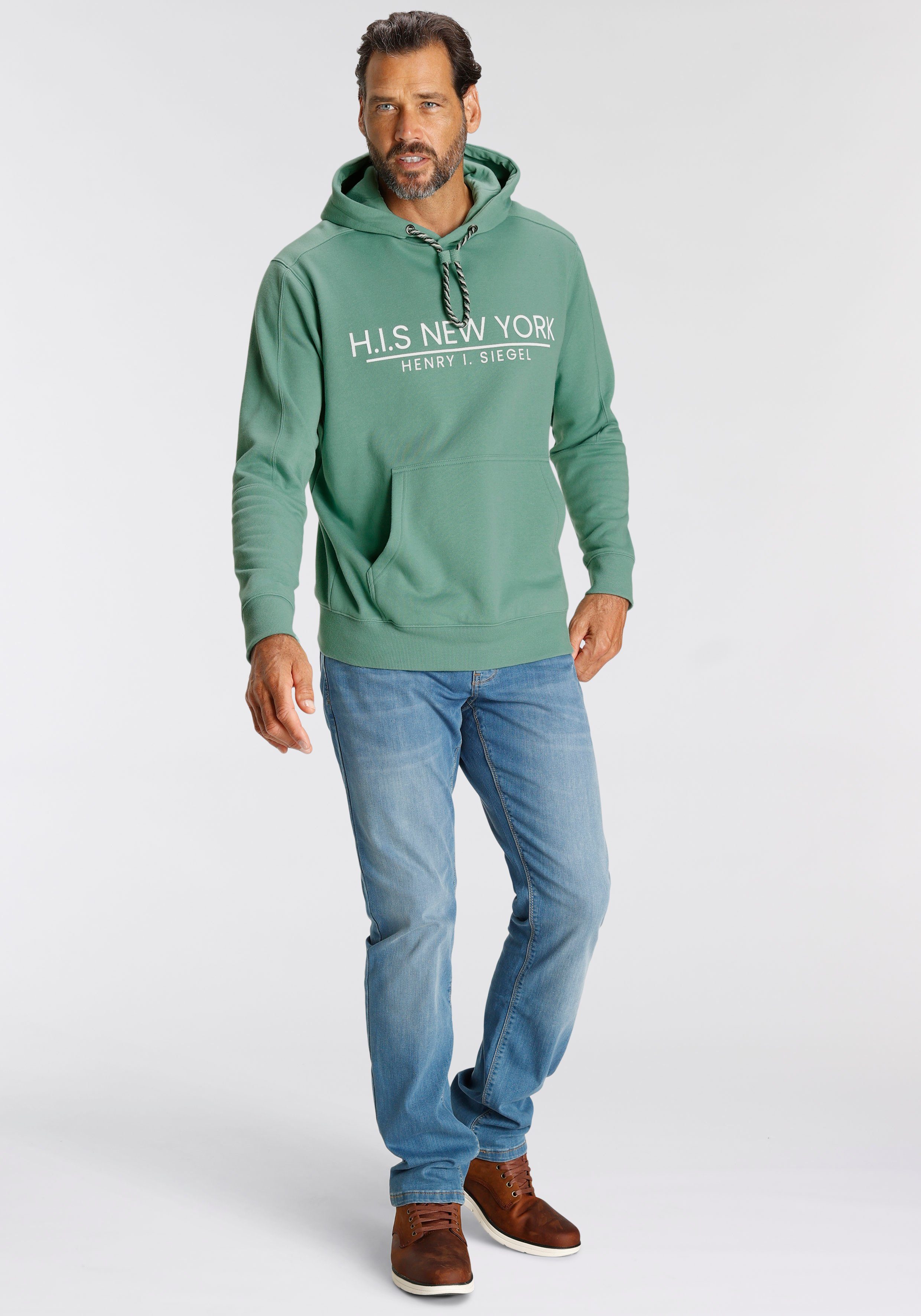 H.I.S Sweatshirt bedrukt ontwerp, met capuchon en koord, van katoenmix