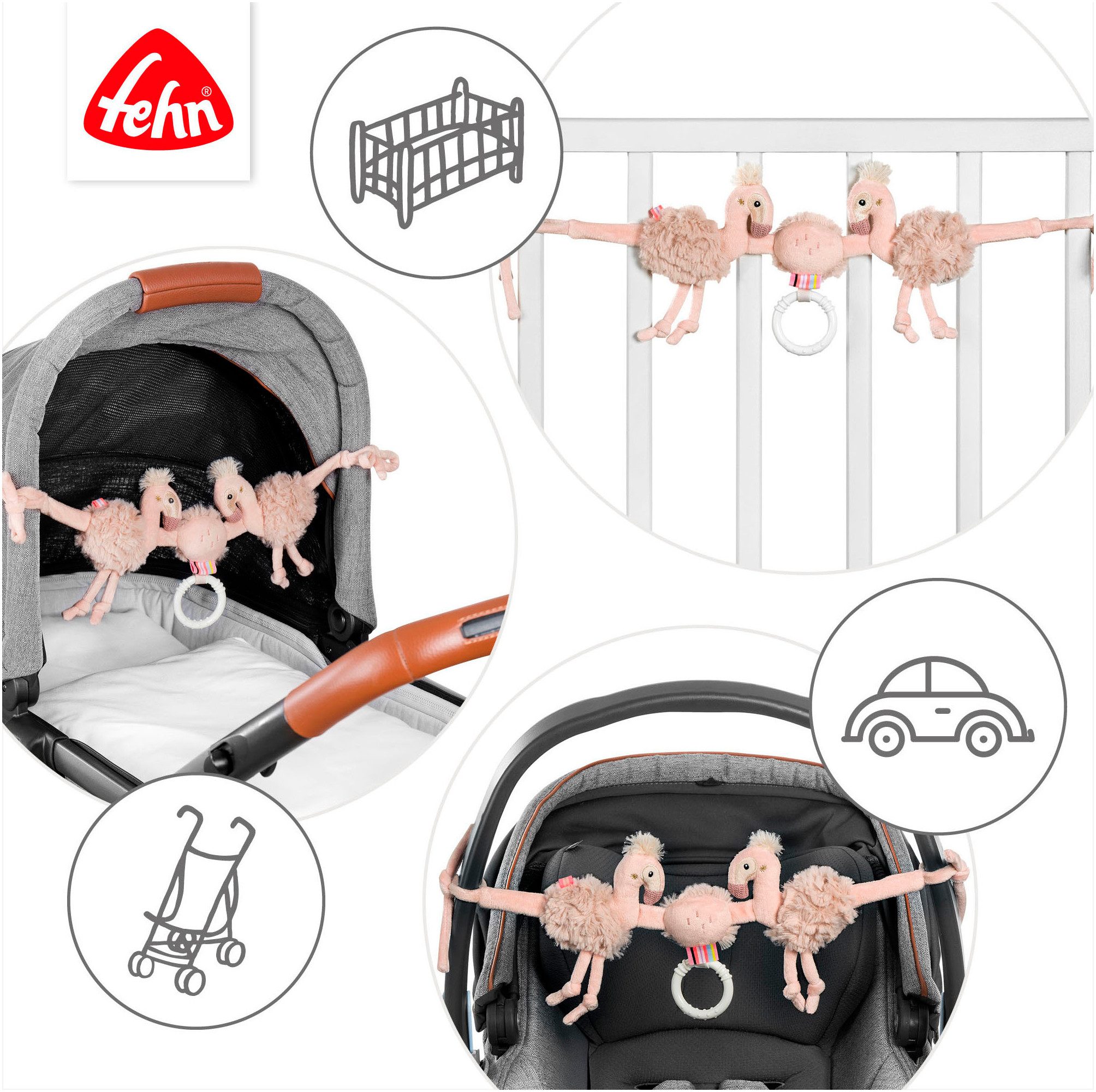 Fehn Kinderwagenketting Lazy, Crazy & Pink, Kinderwagenketting Flamingo