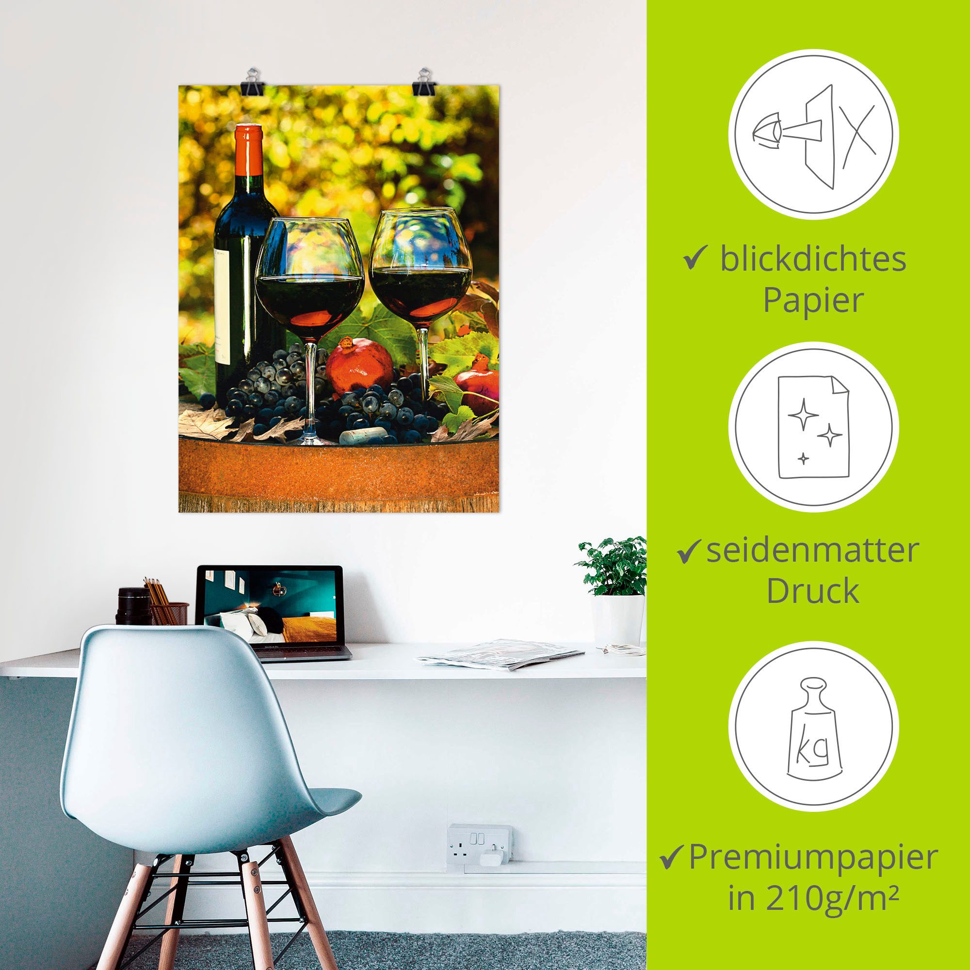 Artland Artprint Glazen met rode wijn op oud vat als poster, muursticker in verschillende maten