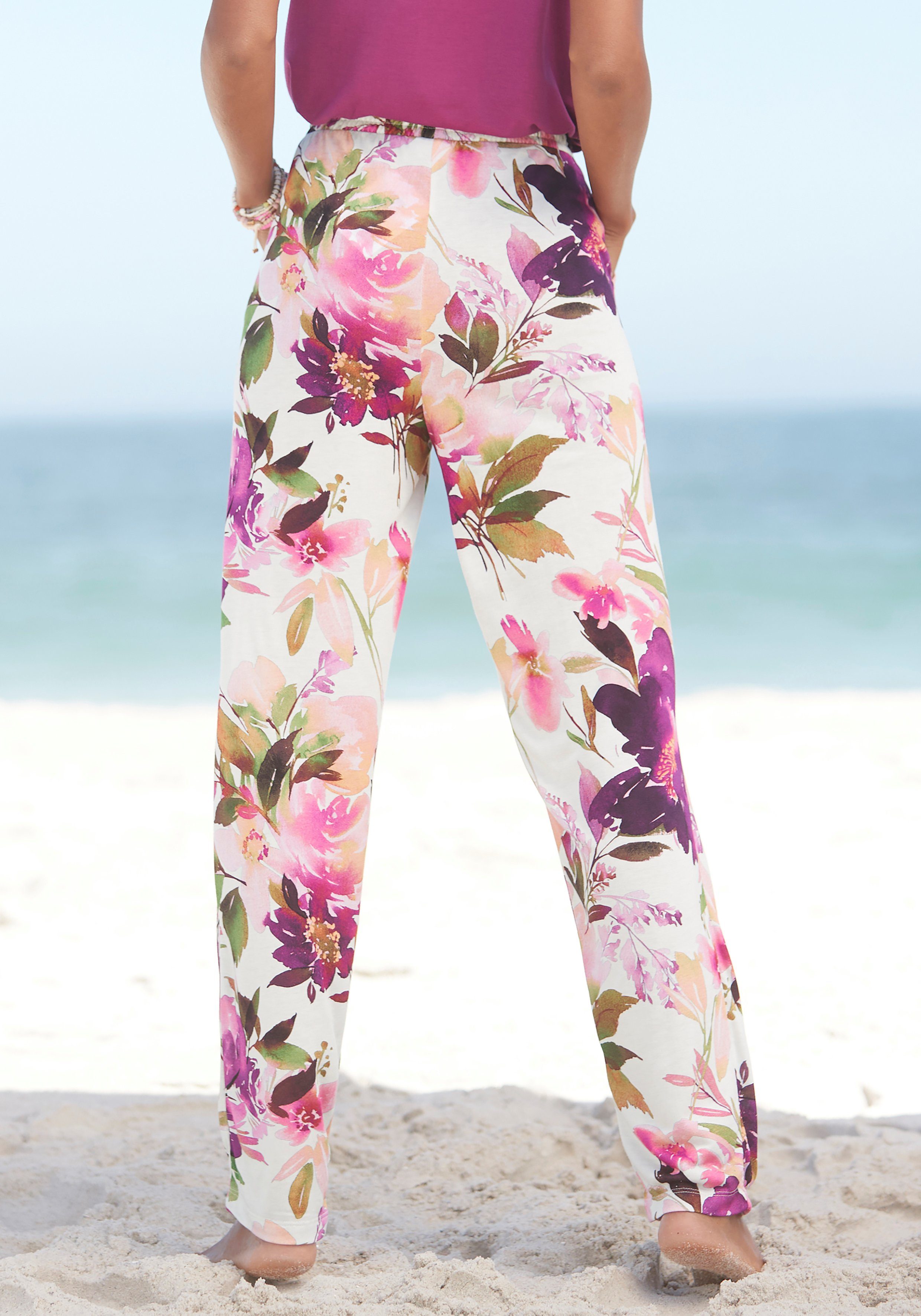 Beachtime Jerseybroek met bloemenprint en elastische tailleband, zomerbroek, strandbroek