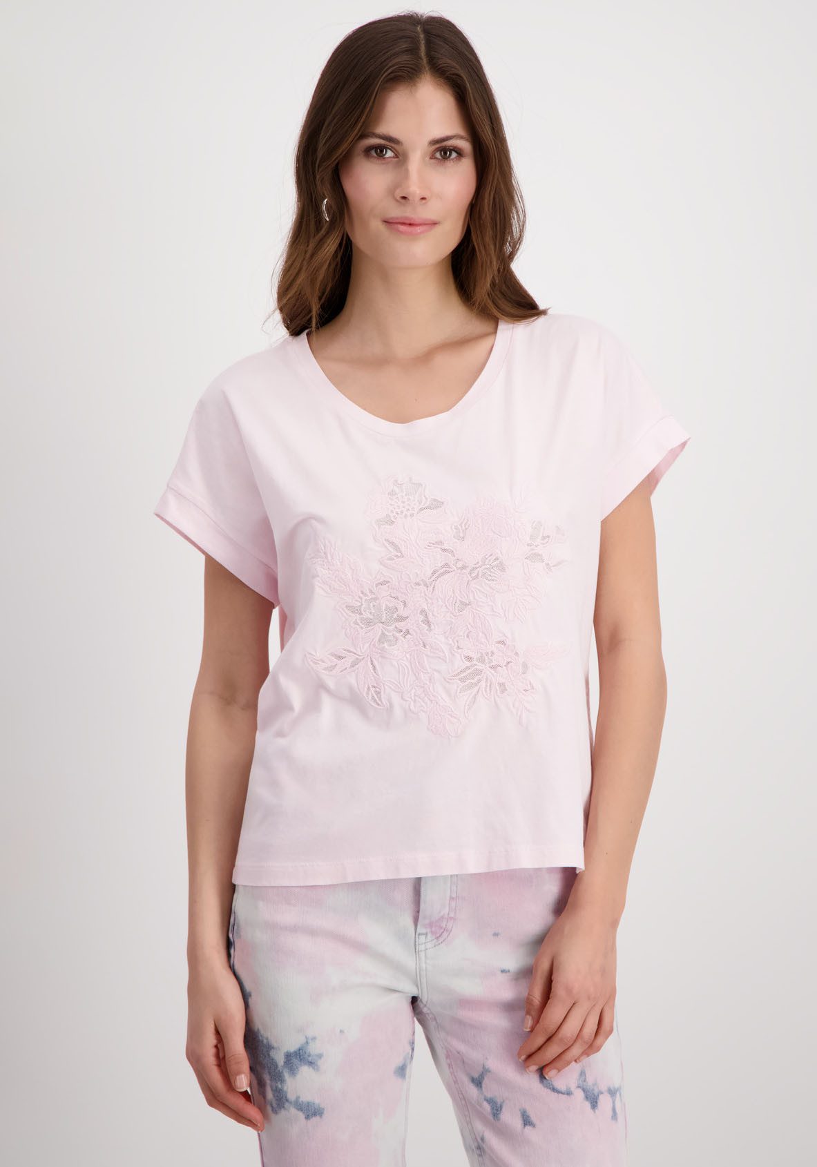 Monari Shirt met ronde hals met geborduurde bloemen