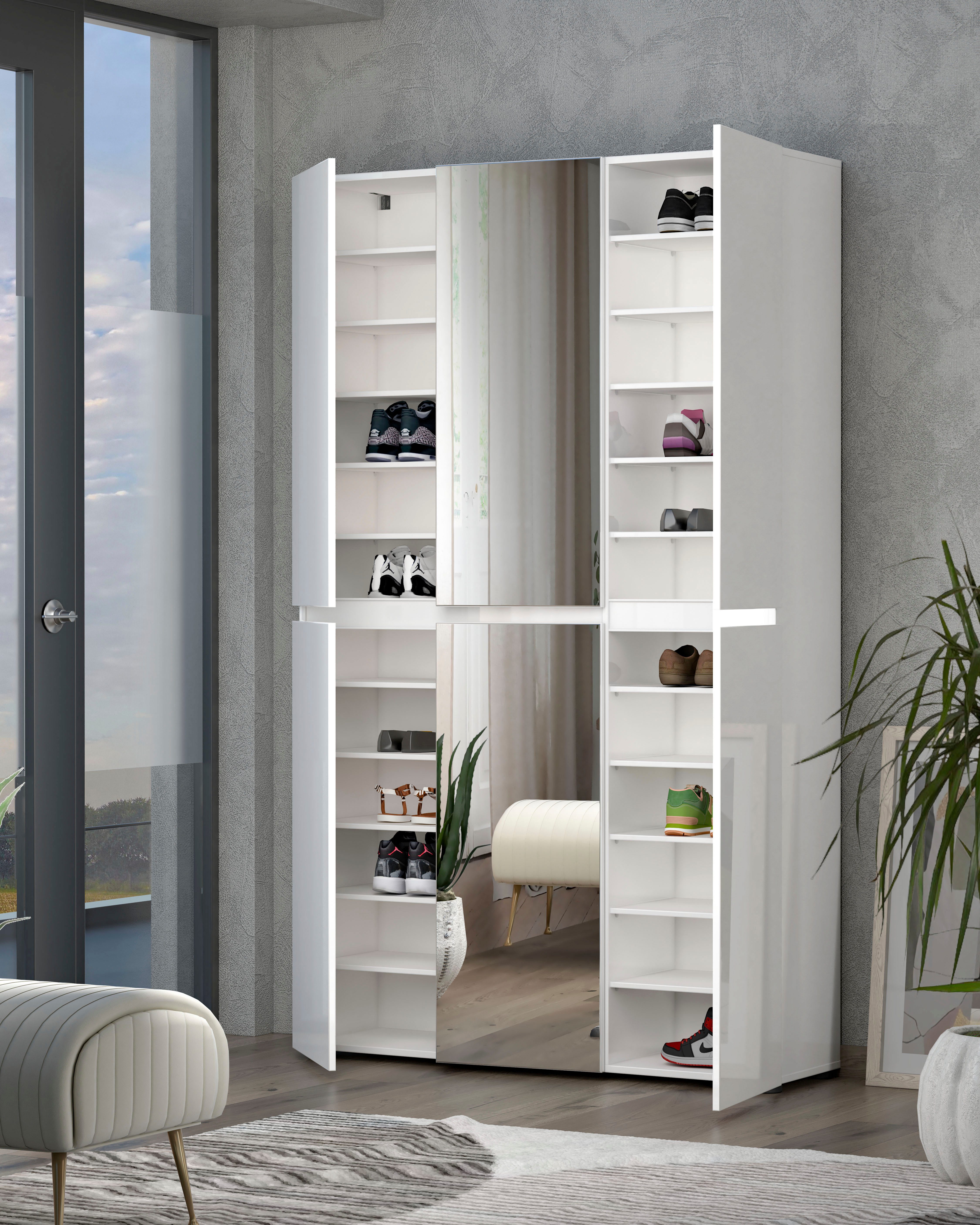 INOSIGN Schoenenkast Mister, schoenenkast, schoenenmeubelen, schoenenopslag, schoenenrek Breedte 120 cm, hoogte 200 cm, diepte 34 cm, 6 deuren, 24 vakken, 2 spiegels