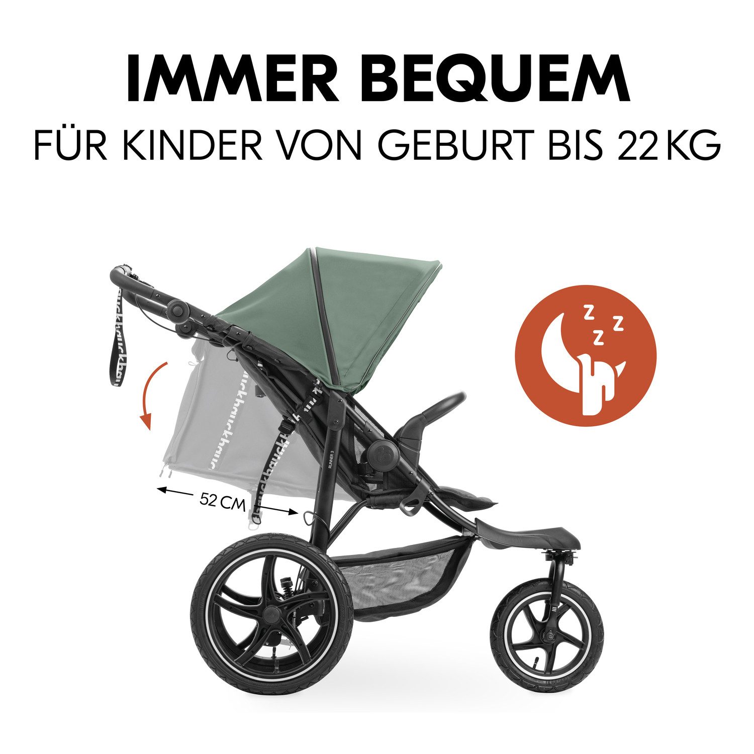 Hauck Kinderwagen met drie wielen Runner 3, Jungle Green met xxl-luchtwielen en handrem, tot 22 kg belastbaar