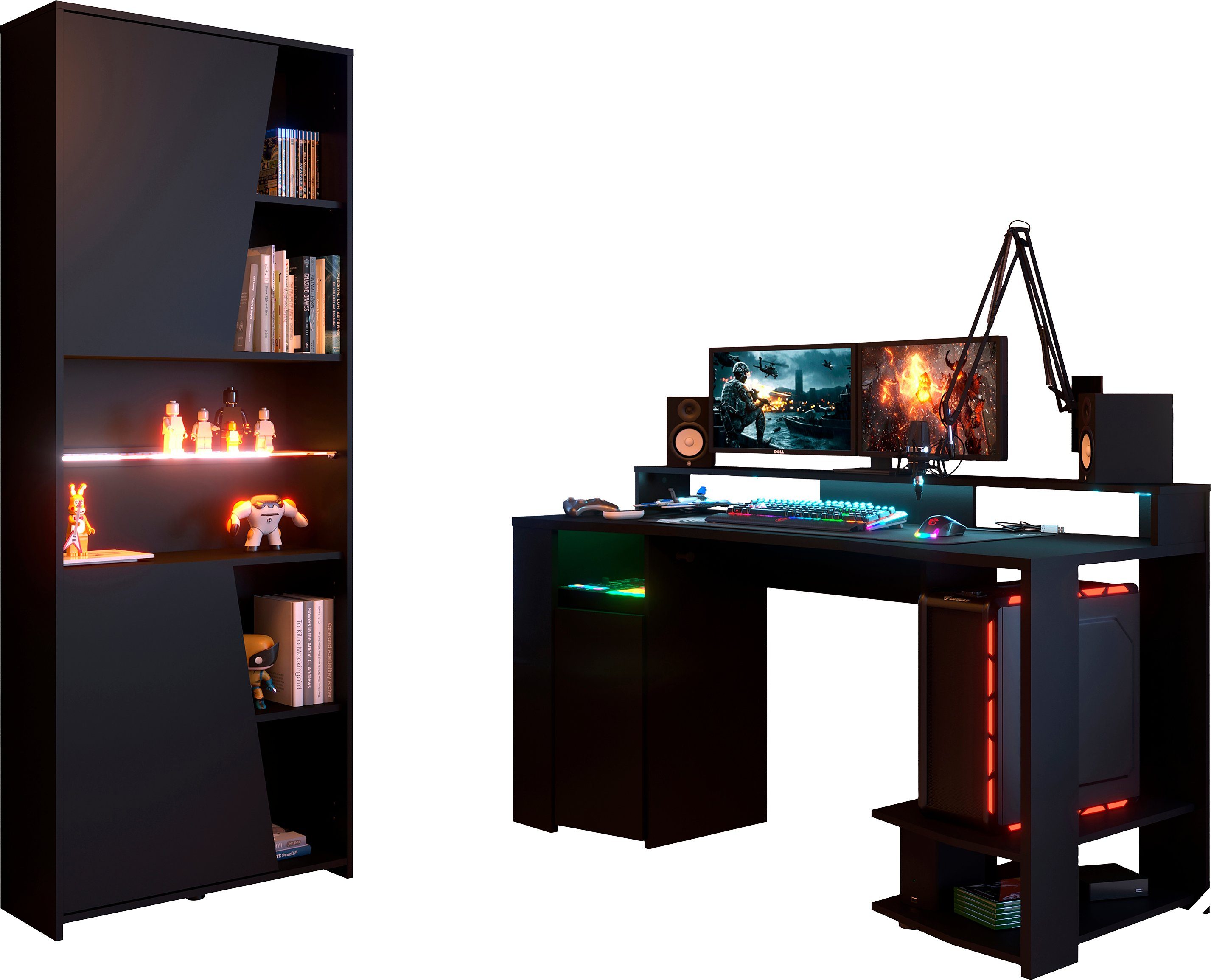 PARISOT Gaming Gaming bureau + 2-deurs bibliotheekset - Zwart decor