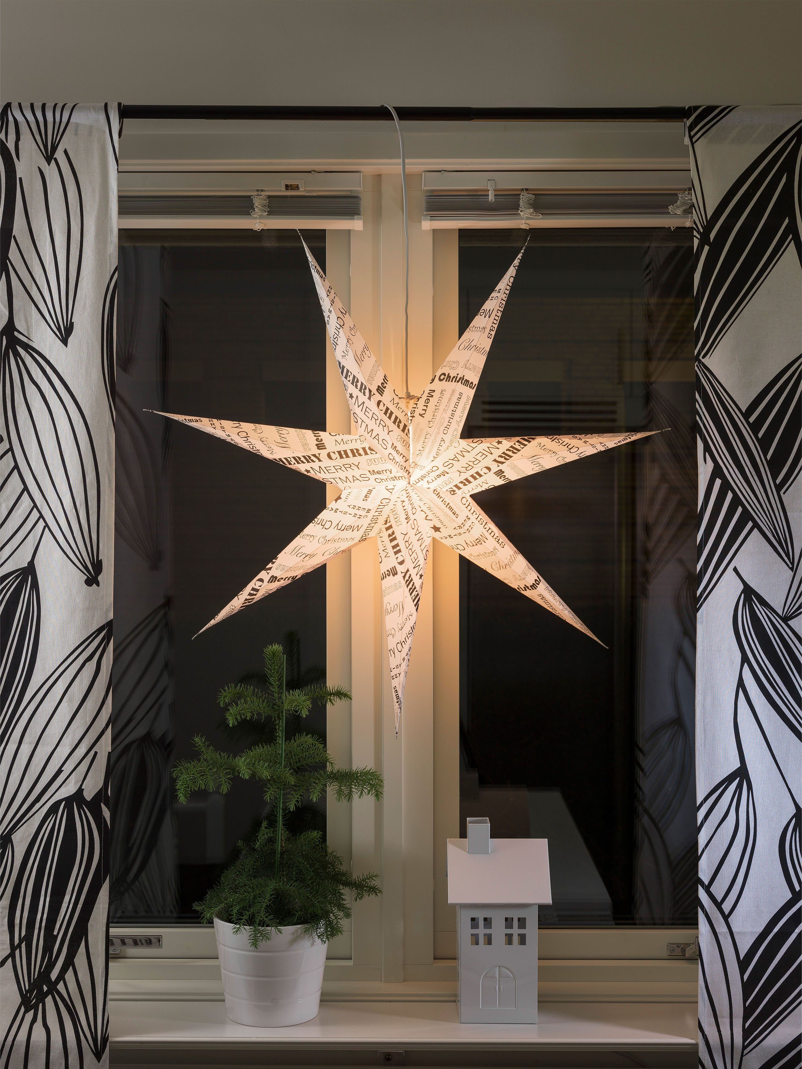 KONSTSMIDE Sierster Kerstster, kerstversiering witte papieren ster, led ster, zwart gedessineerde tekst, 7 punten (1 stuk)