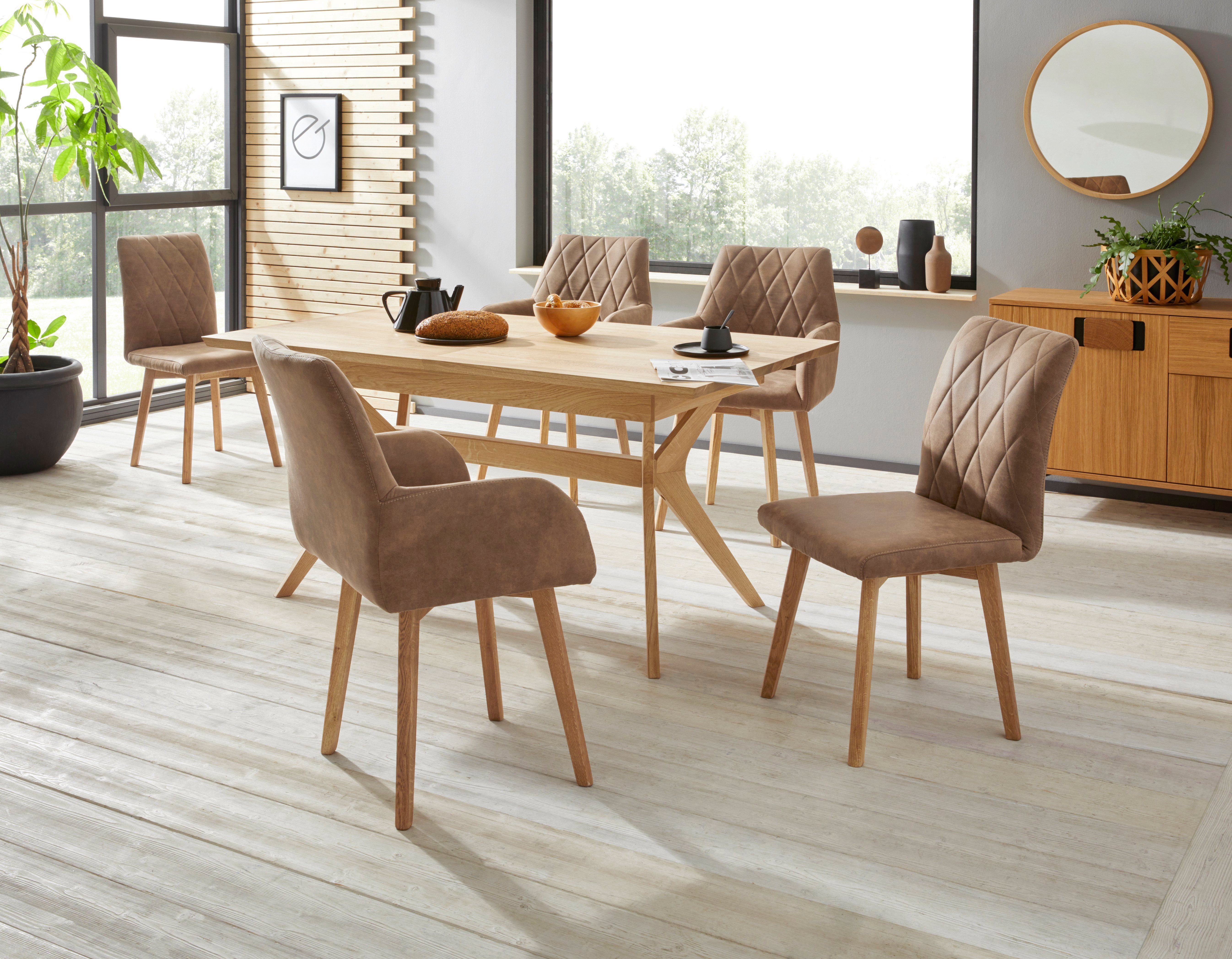 Home affaire Eetkamerstoel Brest Fauteuil in leer of microvezel, geolied massief eiken frame (2 stuks)