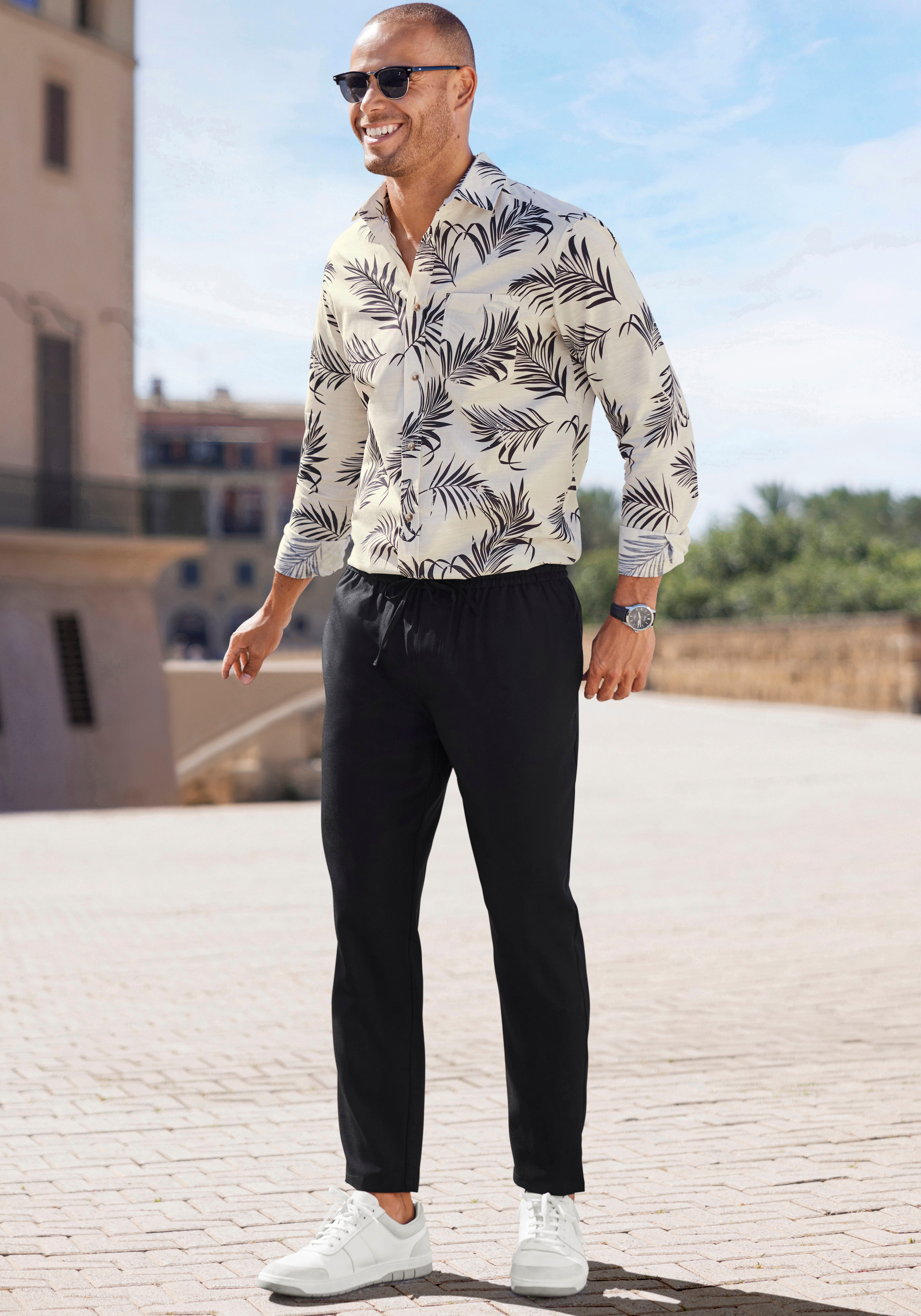 John Devin Hawaï-overhemd Regular fit Lange mouwen, vrijetijdsshirt met palmprint van 100% katoen