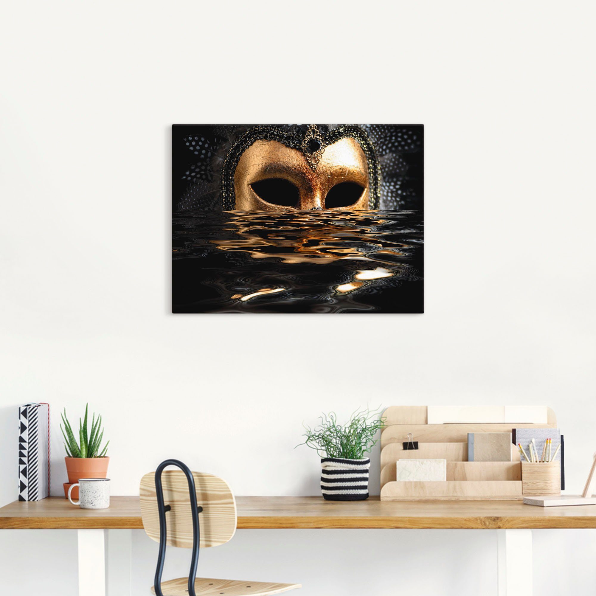 Artland Artprint Venetiaans masker met bladgoudkleur als artprint van aluminium, artprint voor buiten, artprint op linnen, poster, muursticker