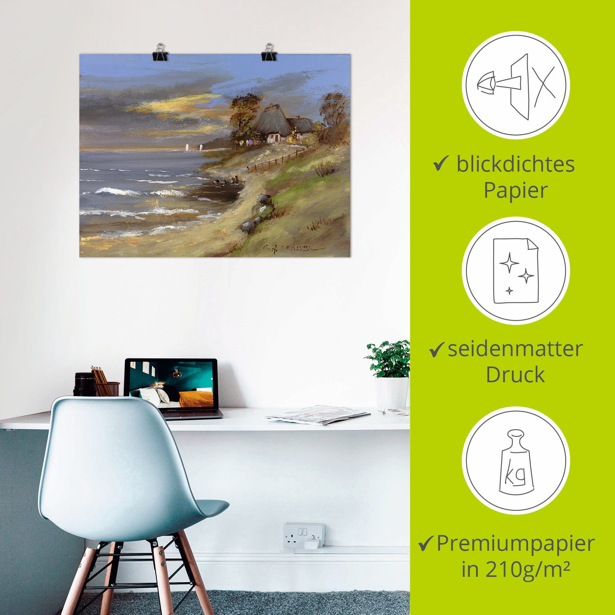 Artland Poster Wit huis met rieten dak aan de zee als artprint op linnen, muursticker of poster in verschillende maten