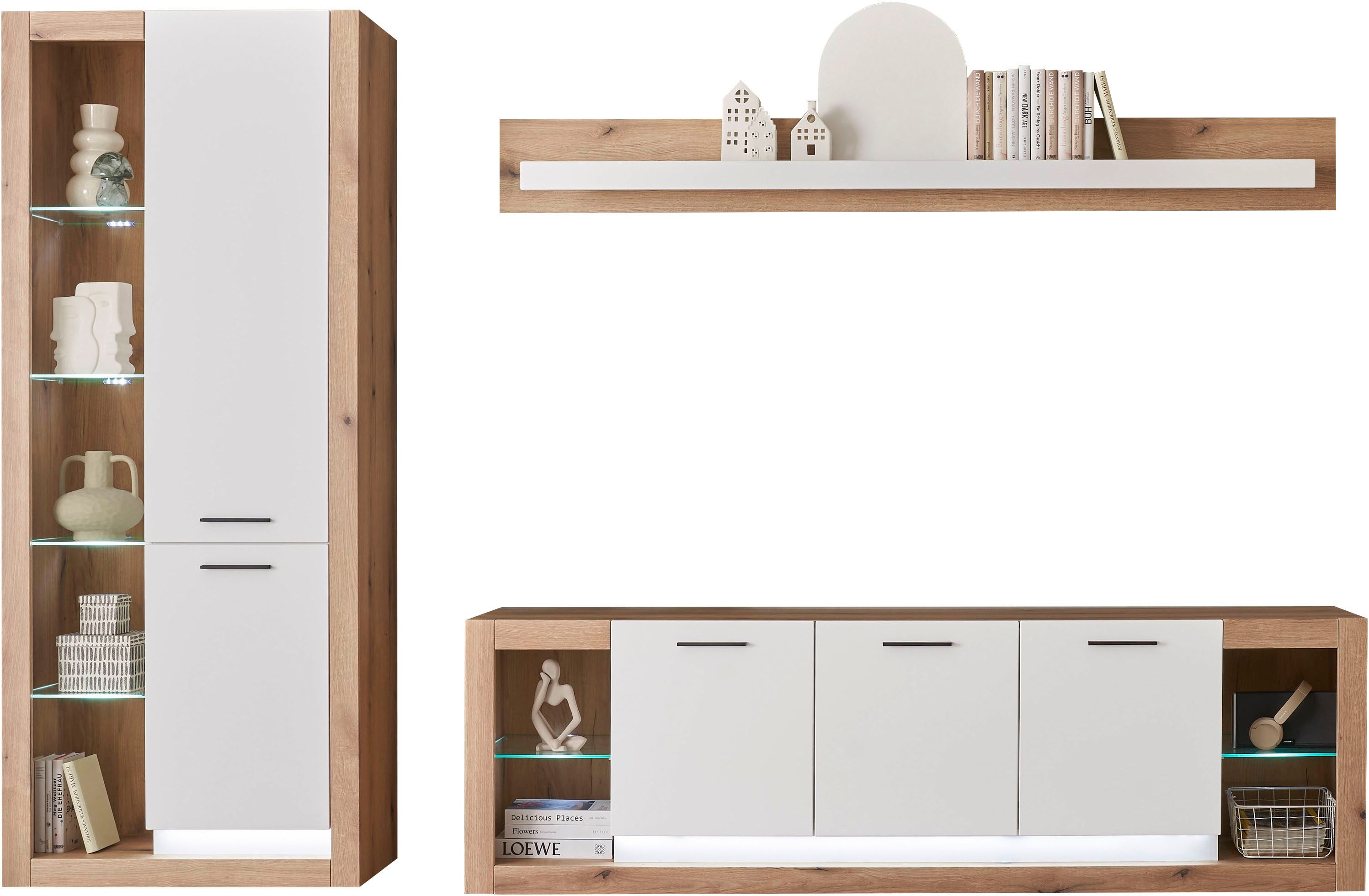 INOSIGN Wandmeubel Brixen, moderne opbouwwand, woonkamer set, eik Evoke decor met wit (set, 3-delig)