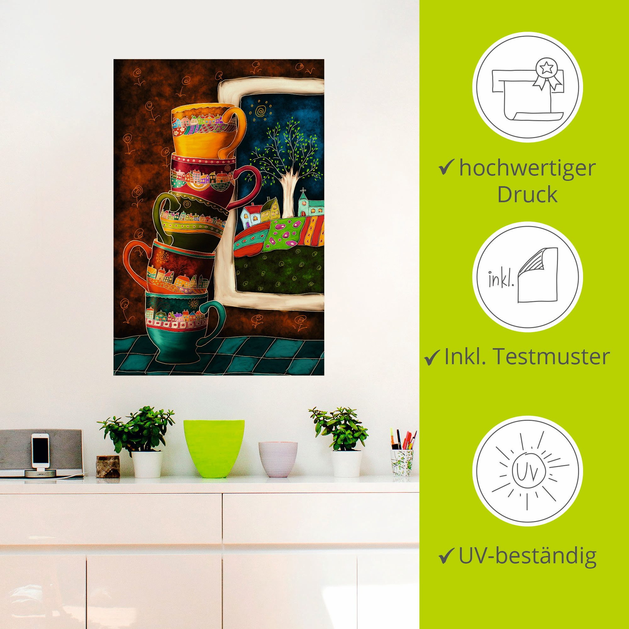 Artland Artprint Vrolijke koffiekopjes als artprint van aluminium, artprint voor buiten, artprint op linnen, poster, muursticker