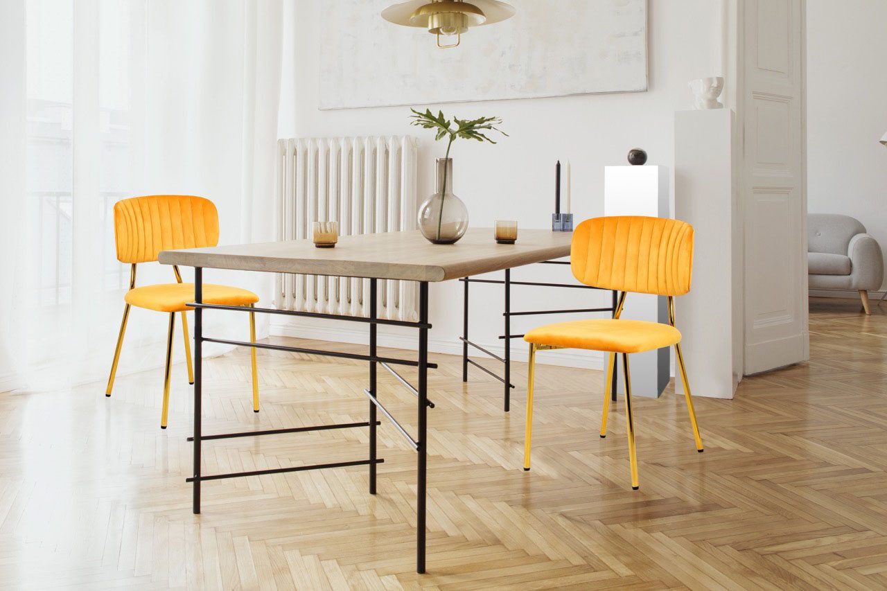 Kayoom Stoel Giselle 125 2-delige set, onderhoudsvriendelijke fluwelen bekleding met armleuningen, goudkleurige frame van roestvrij staal, fluwelen bekleding, decoratieve stiksels (set, 2 stuks)
