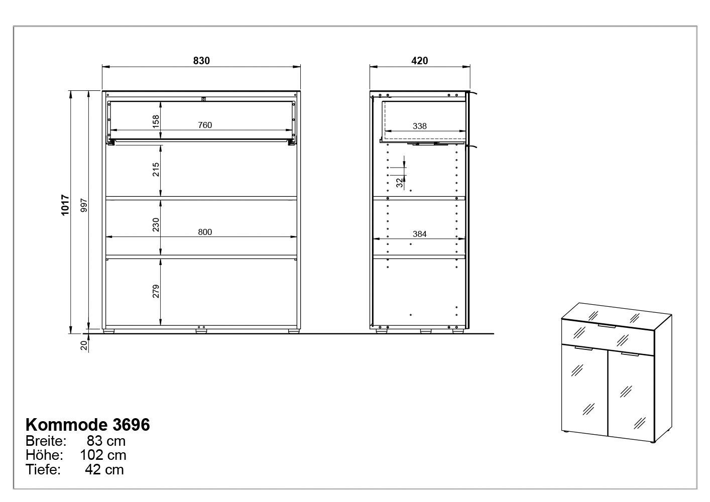 GERMANIA Kast met laden en deuren OAKLAND Breedte 83 cm , fronten en bovenblad met glas-inlay