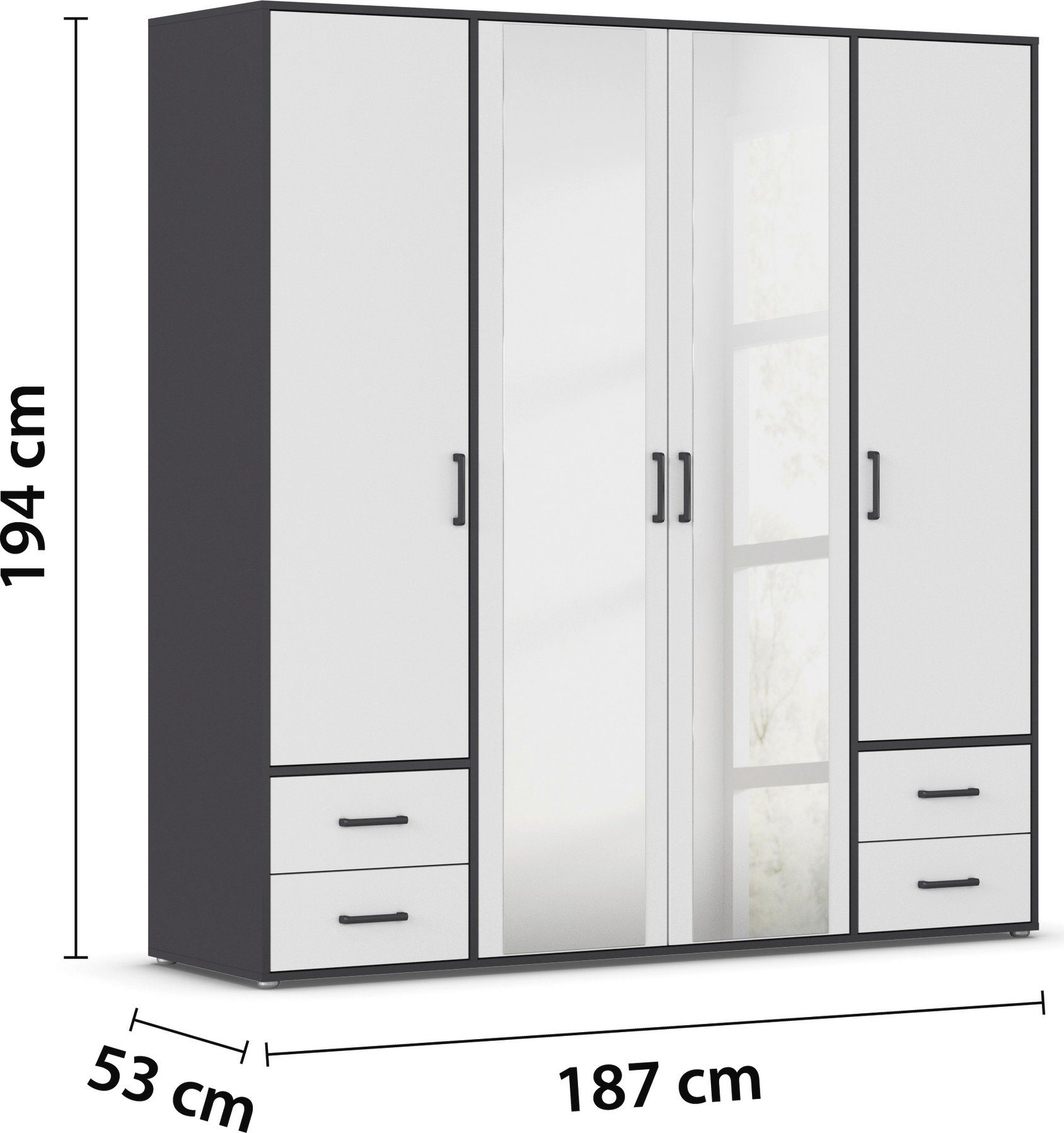 rauch Draaideurkast Voyager met moderne grepen in grijs-metallic, incl. laden en spiegel