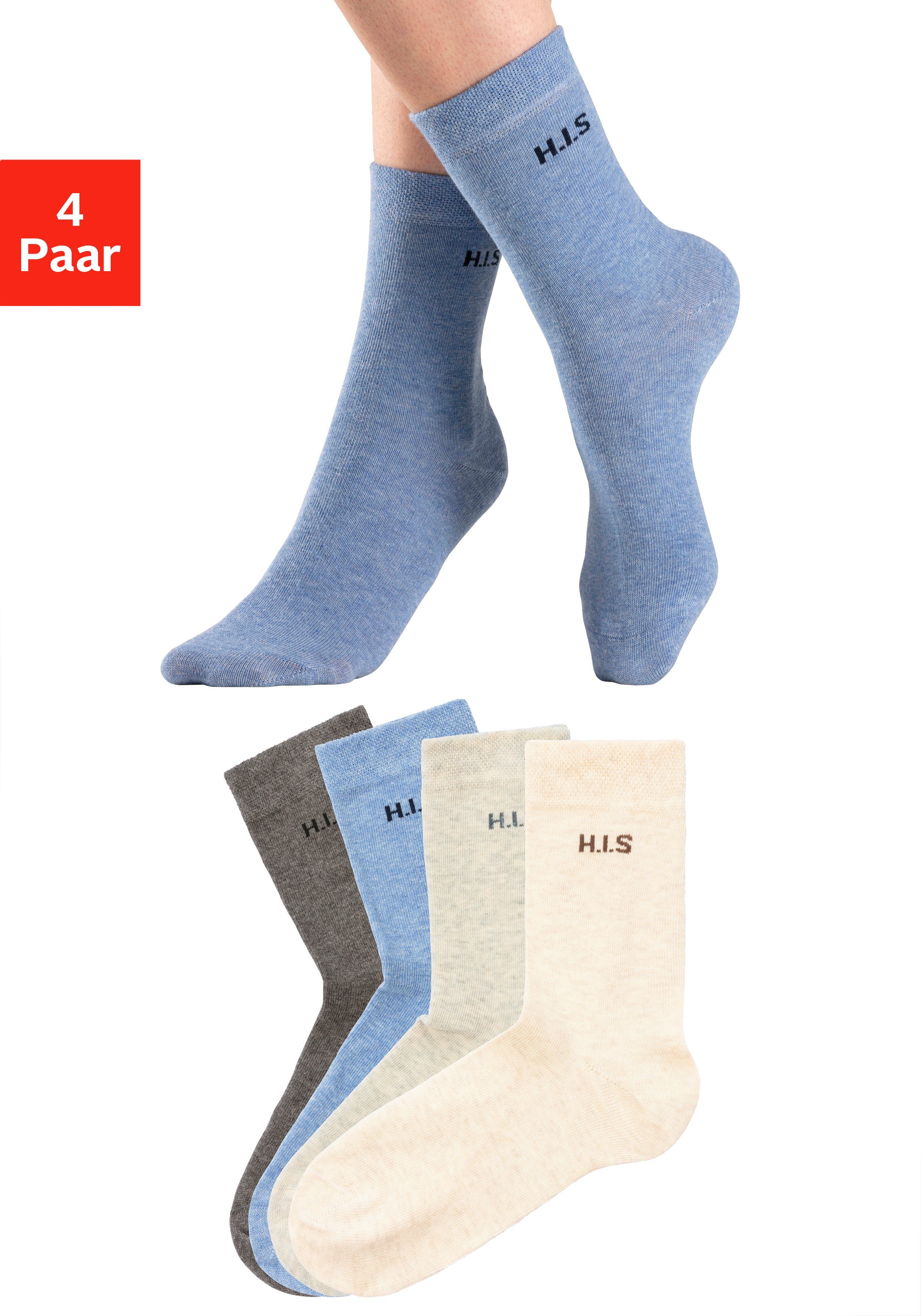 h.i.s sokken zonder snijdende boord (set, 4 paar) blauw