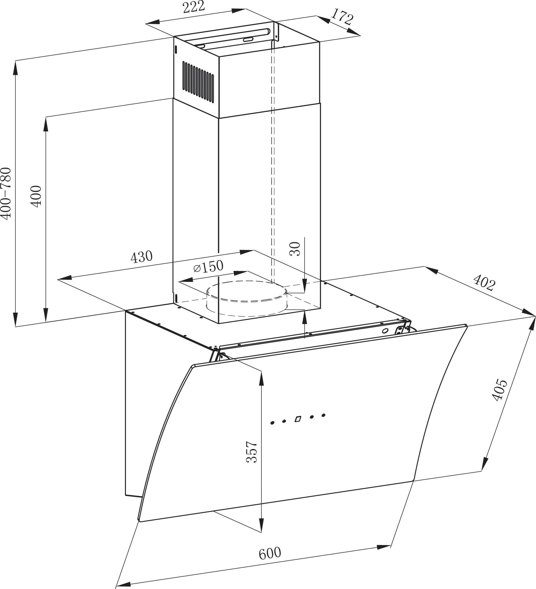 RESPEKTA Schuine wandkap CH55060 60 cm, gebogen vorm, 3 vermogensniveaus, geschikt voor afzuiging en recirculatie