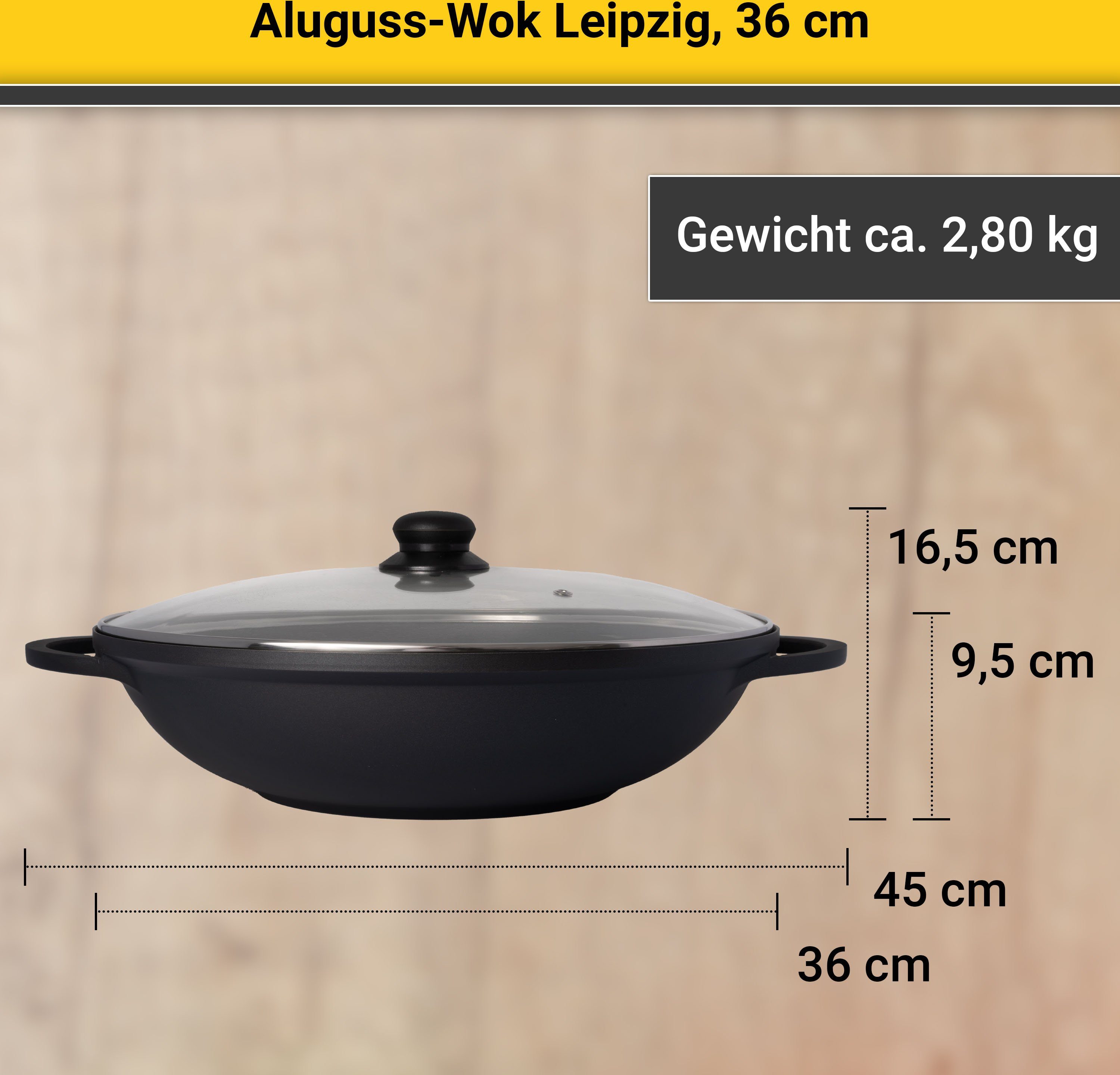 Krüger Wok Alugiet wok met glazen deksel LEIPZIG, 36 cm (1-delig)