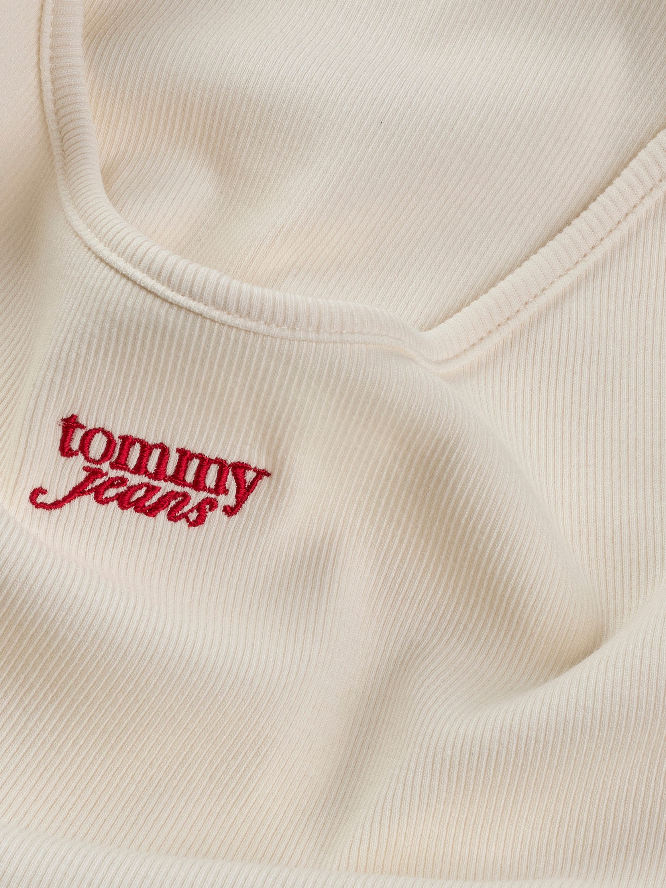 TOMMY JEANS Top met spaghettibandjes TJW SCRIPT STRAPPY TOP in riblook, met logo-opdruk