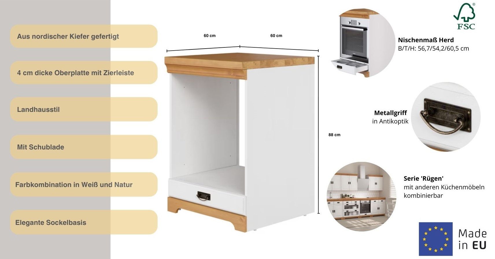 Home affaire Ombouwkast voor oven Rügen Breedte 60 cm, massief grenen, nismaat fornuis B/D/H 56,7/54,2/60,5 cm