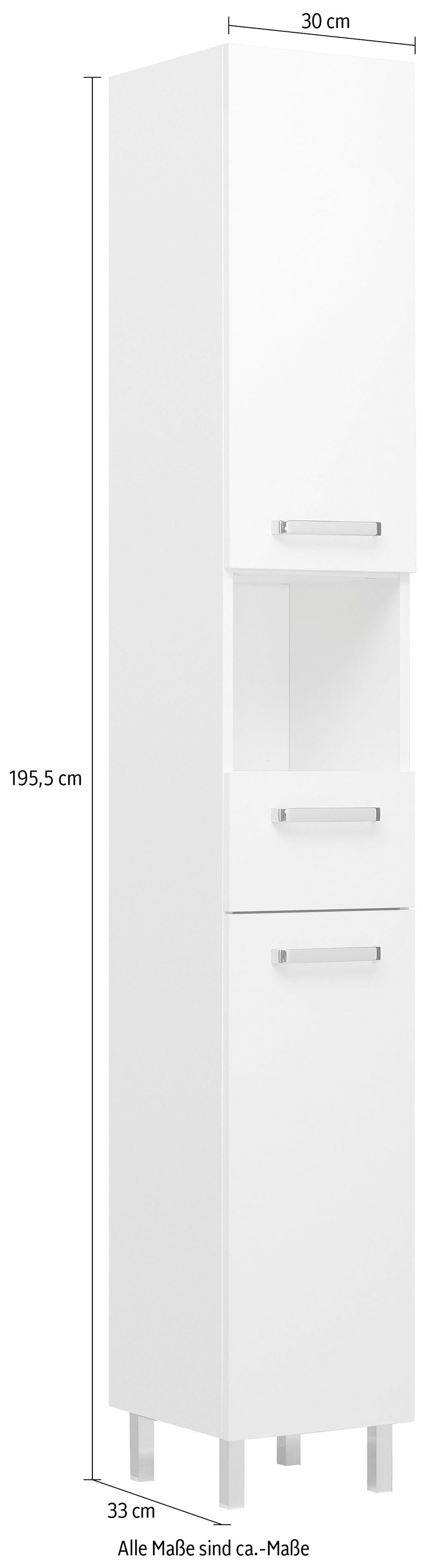 Saphir Hoge kast Quickset badkamermeubel 30 cm breed, 2 deuren, 1 nis, 1 lade Hoge badkamerkast inclusief deurdemper, grepen in glanzend chroom