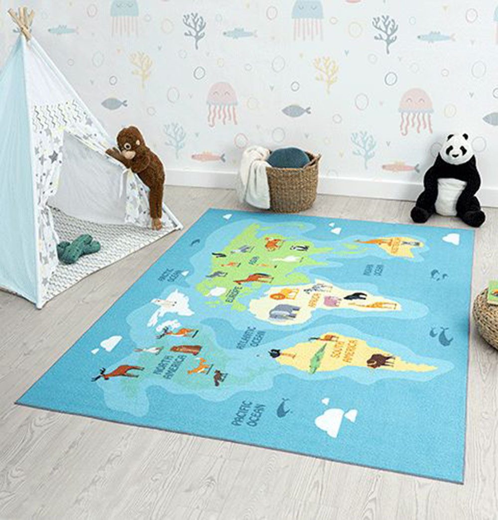 OTTO The carpet Vloerkleed Happy Life Life kinderkamer tapijt speelkleed onderhoudsvriendelijk moderne vloerkleden maat 160 cm x 220 cm x 4 mm blauw