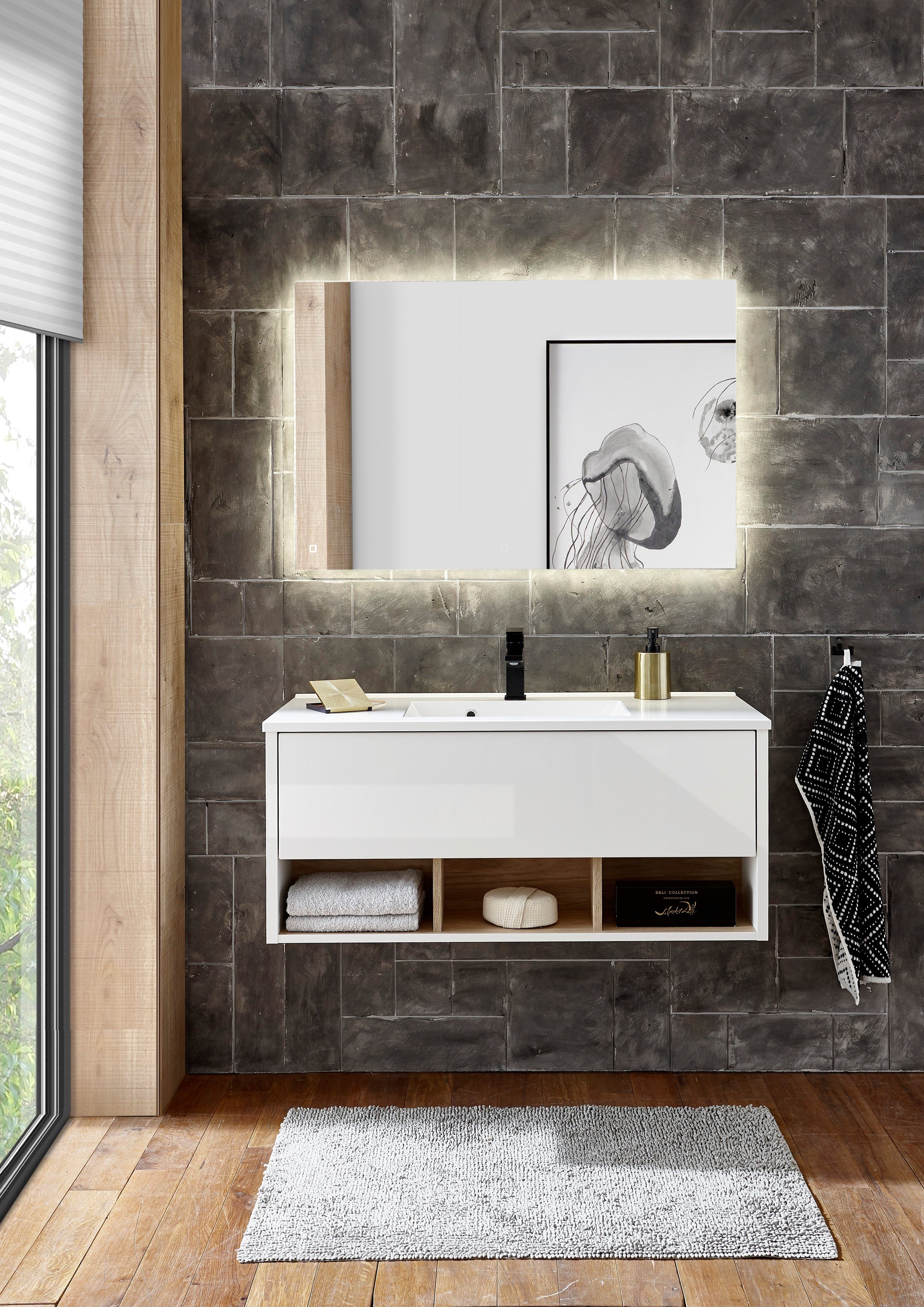 Places of Style Badkamerserie Studio Line, bad in modern ontwerp, 2-delig badkamer Wastafel en spiegel, in twee kleuren beschikbaar, veel opbergruimte (2-delig)