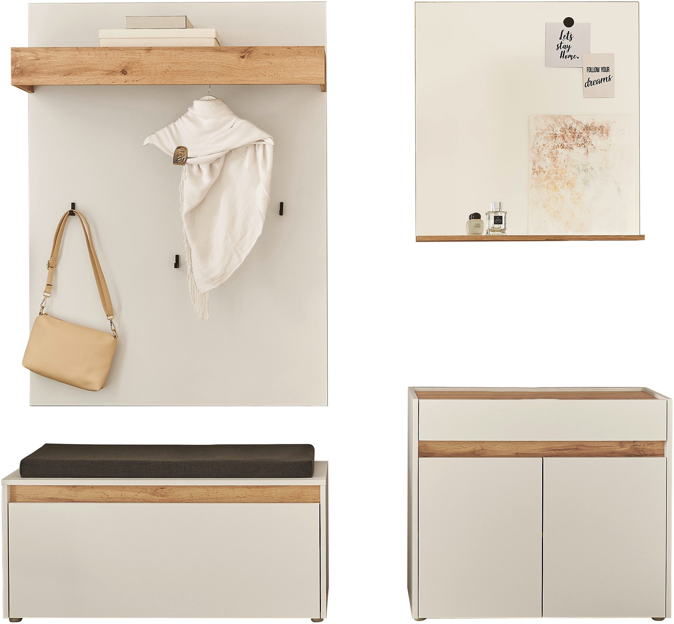 INOSIGN Halmeubelset GIRON/ CiTY, Garderobe in Wotan Eik, moderne garderobekast bevat commode, spiegel, paneel & schoenenbank + zitkussen, 190 cm breed (complete set, 4-delig)