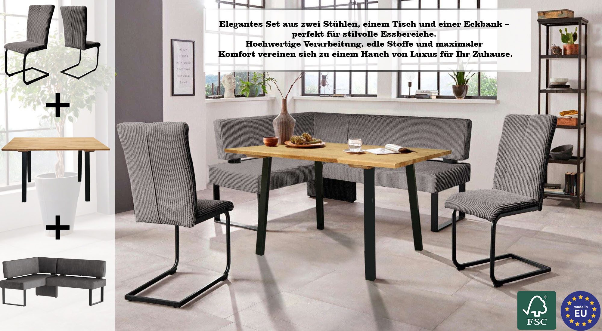 Home affaire Eethoek Oliver Hoekbank met golfvering in de zitting, tafel massief eiken (set, 4-delig)