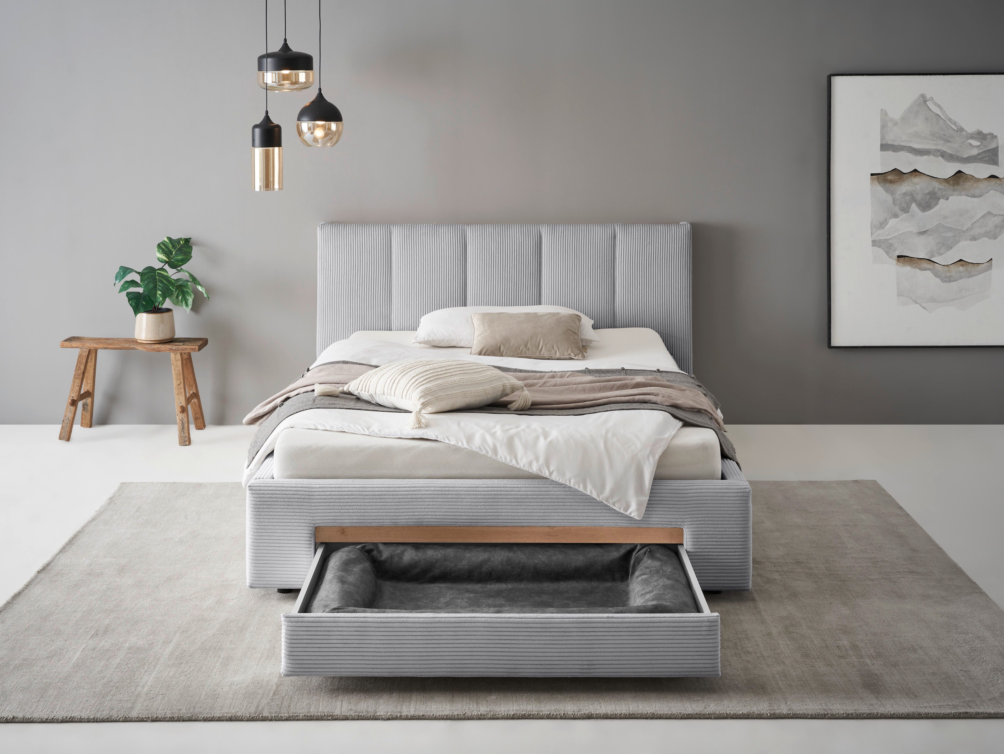 INOSIGN Gestoffeerd bed CiTY/GiRON, bedframe met bedlade, gestoffeerd opbergbed met hondenbed of opberglade, bekleding van corduroy of linnenlook