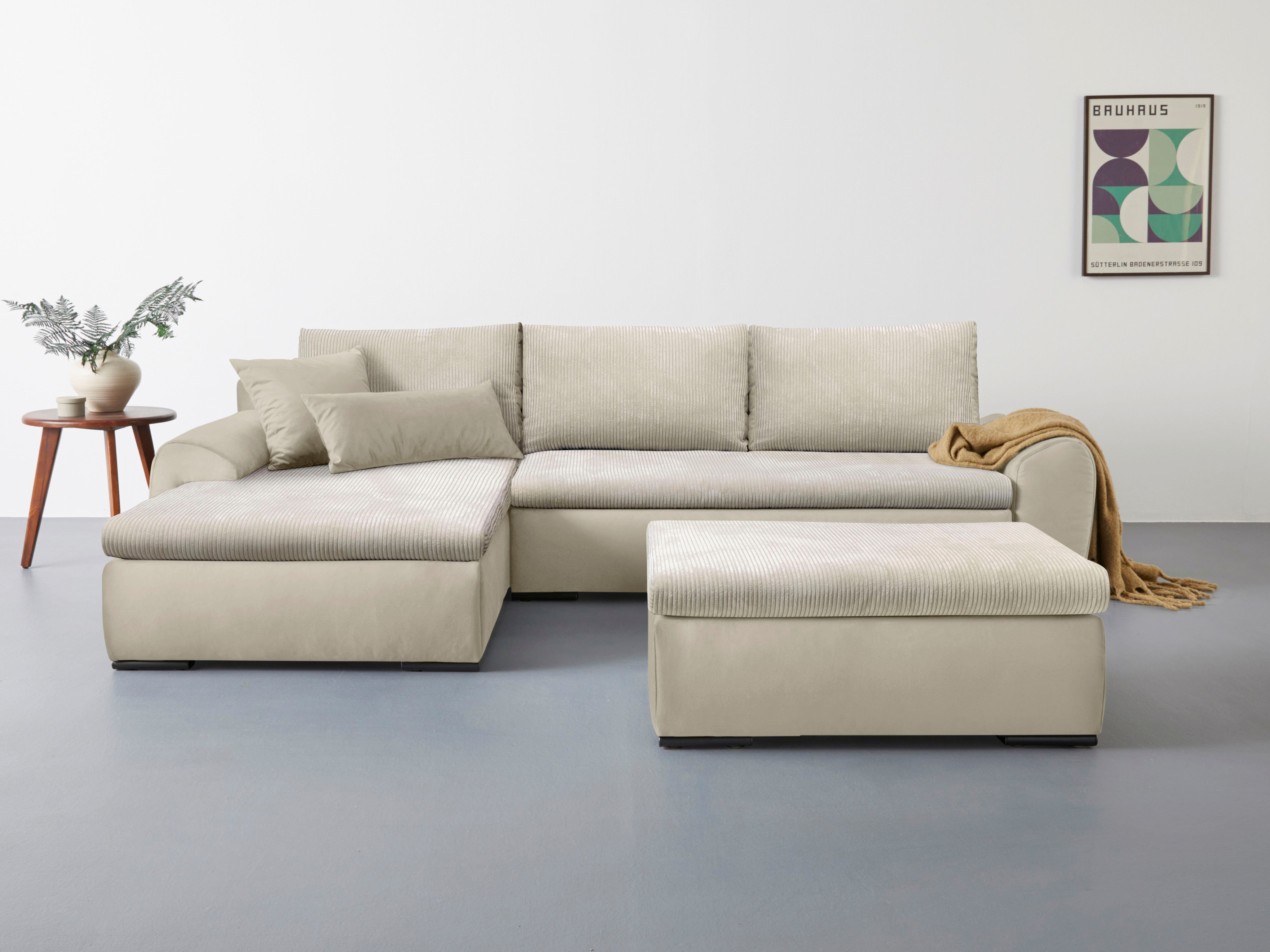 Home affaire Hoekbank Win, L-vorm, breedte 285cm optioneel met slaapfunctie en bedkast, taupe, corduroy