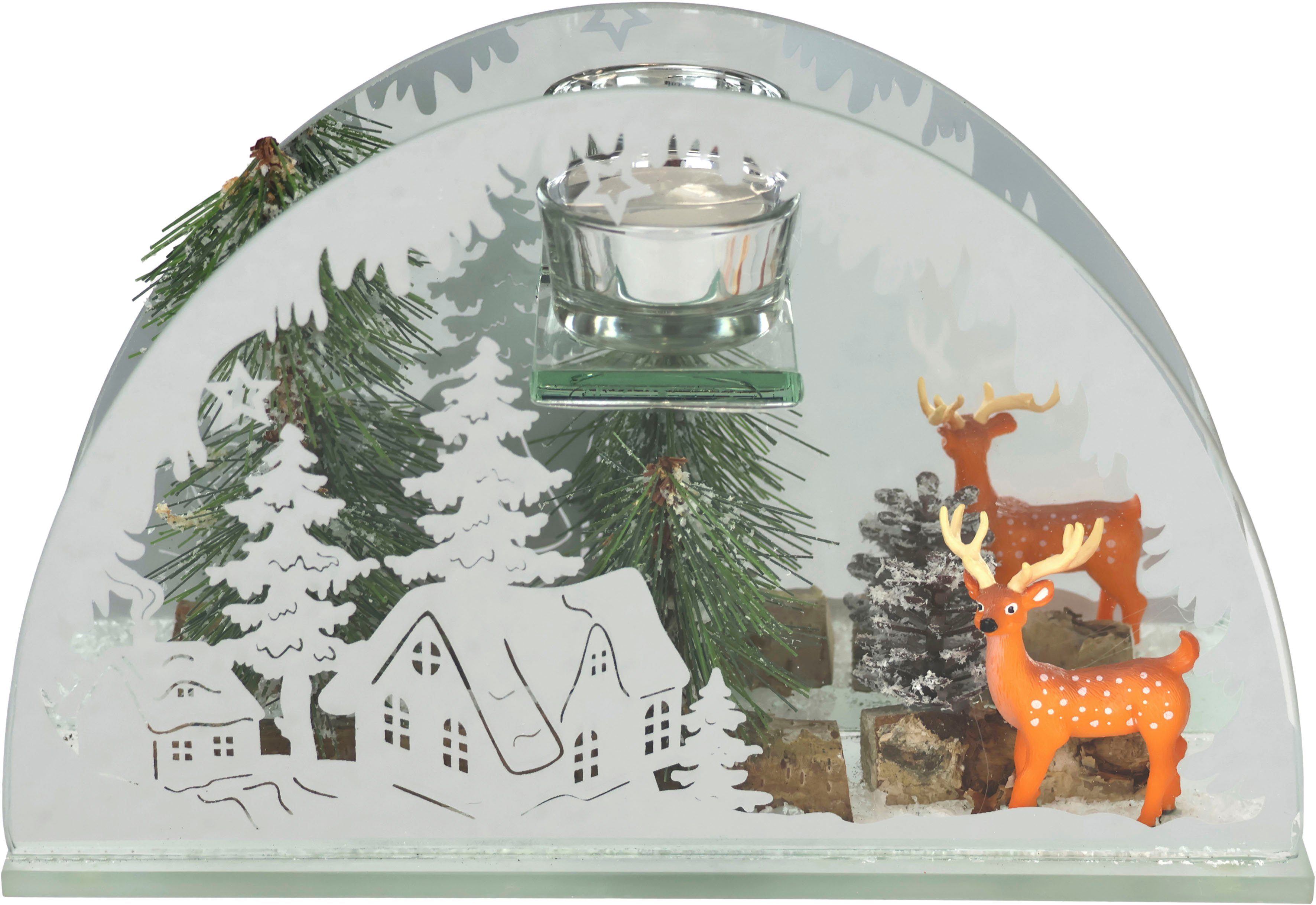 I.GE.A. Waxinelichthouder Kerstdecoratie, kaarsenhouder, decoratie-object van spiegelglas, met hertdecoratie in winterlandschap, hoogte ca. 15 cm (1 stuk)
